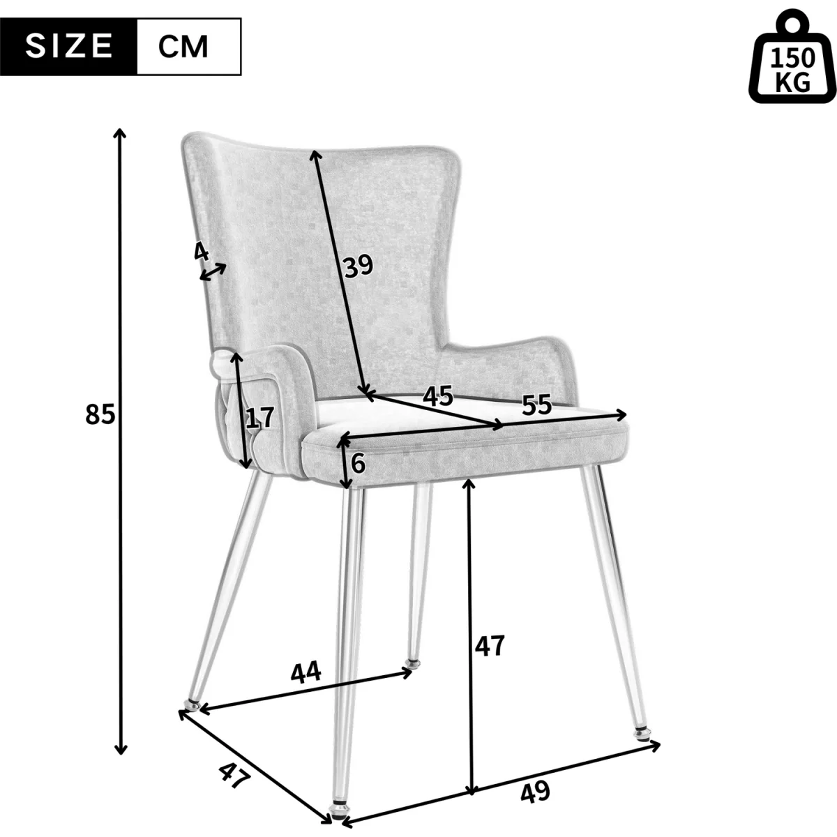 Velvet Dining Chair, Luxurious Lounge Chair with Four Silver-Coloured Metal Legs, Grey, Set of 4 - Grey – image 3