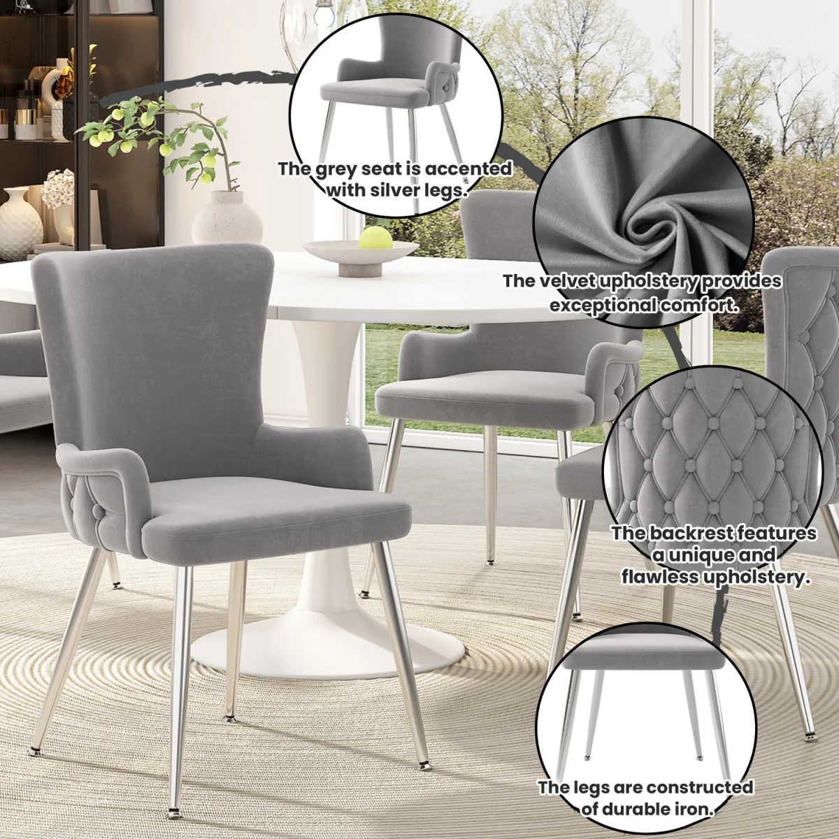 Velvet Dining Chair, Luxurious Lounge Chair with Four Silver-Coloured Metal Legs, Grey, Set of 4 - Grey – image 4