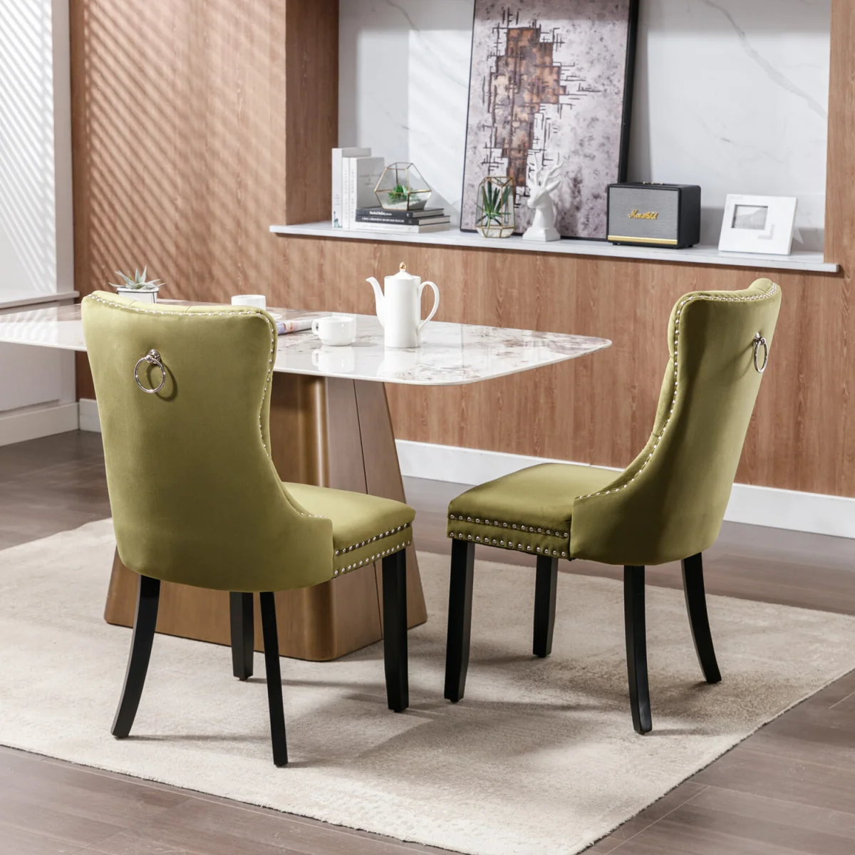 Romsey Set of 2 Velvet Upholstered Dining Chairs with Oak Legs and Knocker Ring Back - Olive Green – image 2