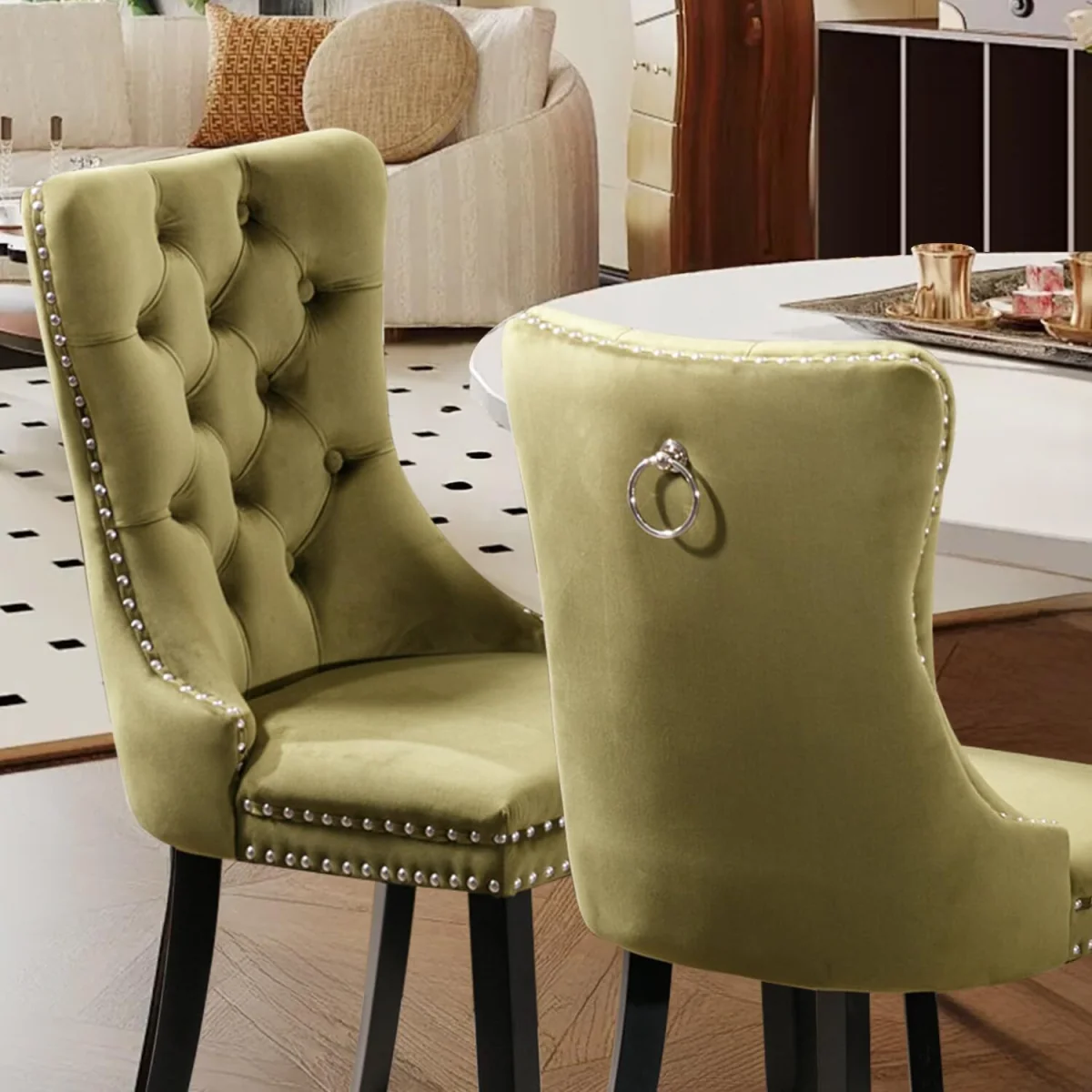 Romsey Set of 2 Velvet Upholstered Dining Chairs with Oak Legs and Knocker Ring Back - Olive Green – image 3