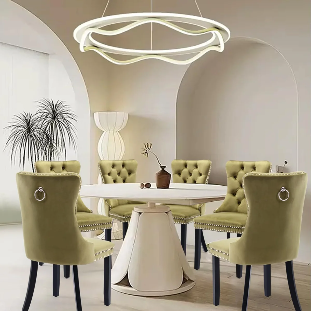 Romsey Set of 2 Velvet Upholstered Dining Chairs with Oak Legs and Knocker Ring Back - Olive Green – image 4