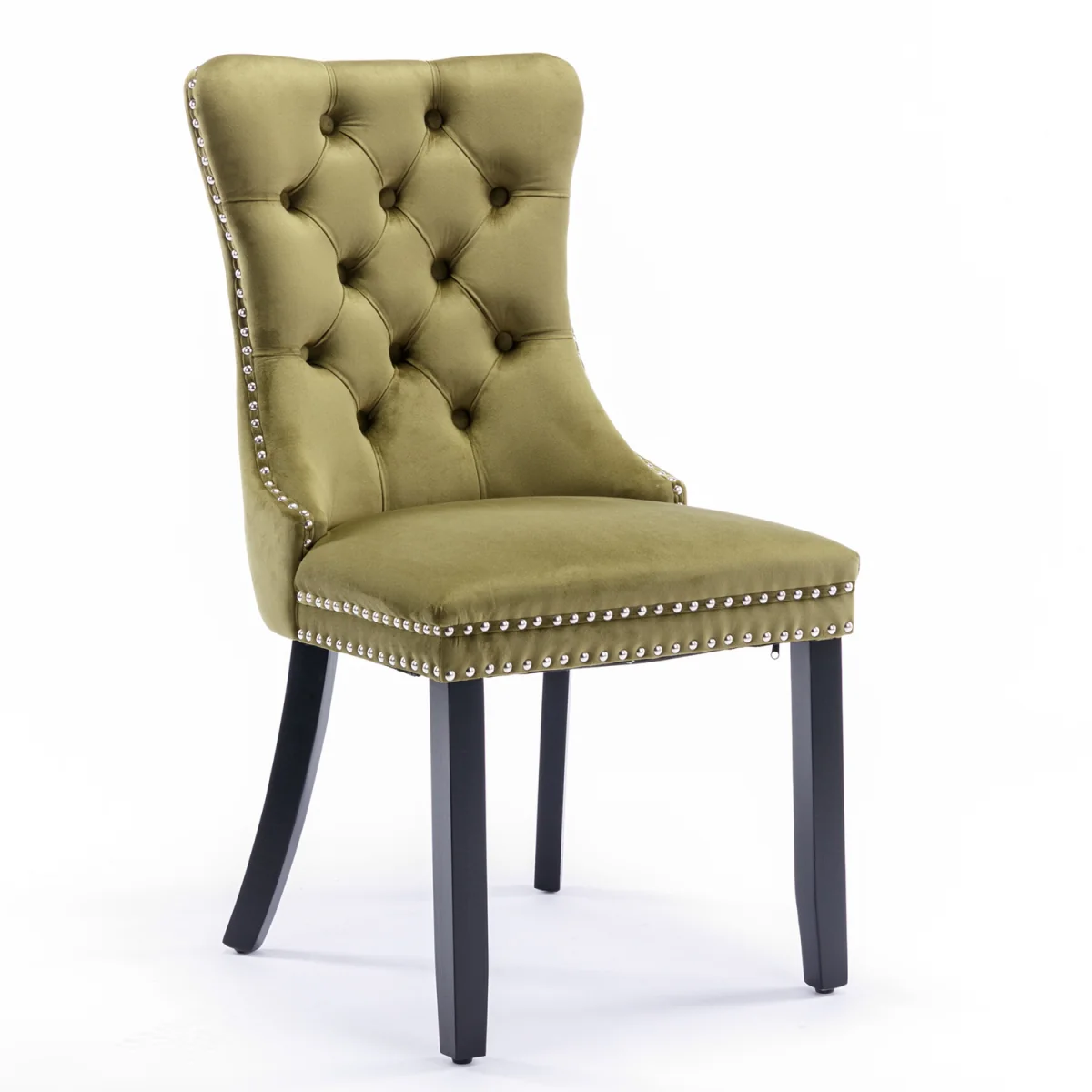 Romsey Set of 2 Velvet Upholstered Dining Chairs with Oak Legs and Knocker Ring Back - Olive Green – image 5