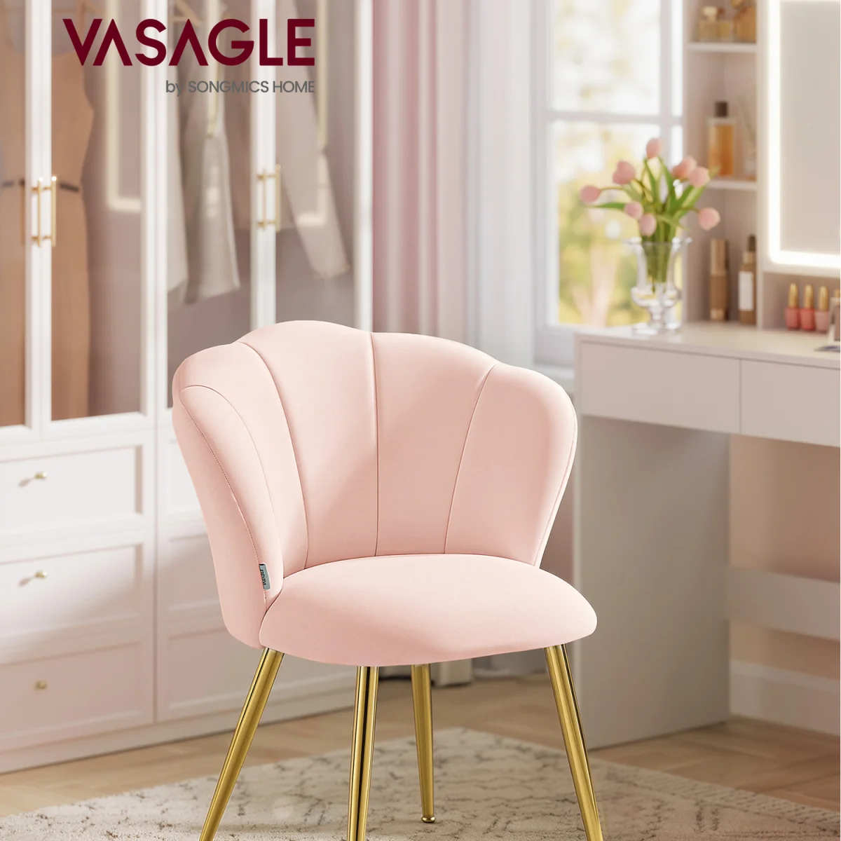 VASAGLE Velvet Dining Chair, Petal Backrest Vanity Seat - Pink – image 2