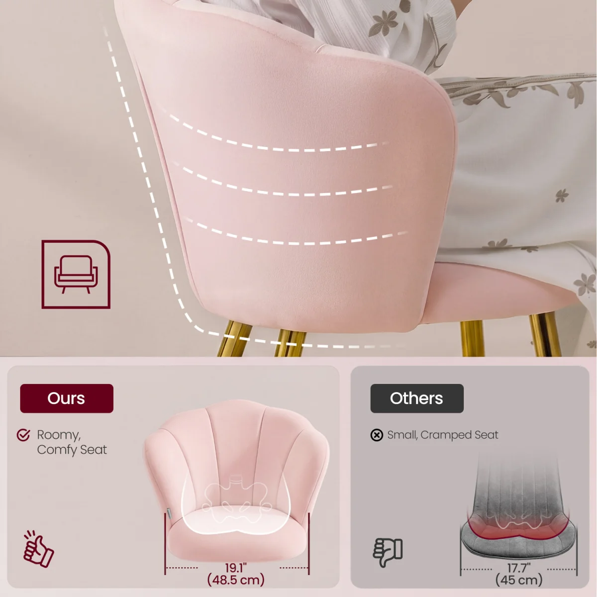 VASAGLE Velvet Dining Chair, Petal Backrest Vanity Seat - Pink – image 6