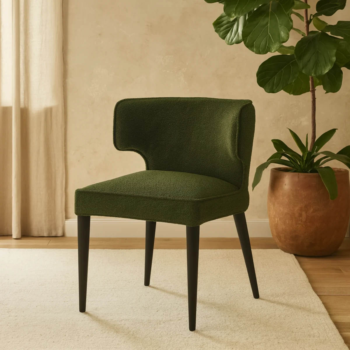 Mirmande Mid-Century Curved Bouclé Dining Chair in Forest Green with Wooden Legs - Green – image 2