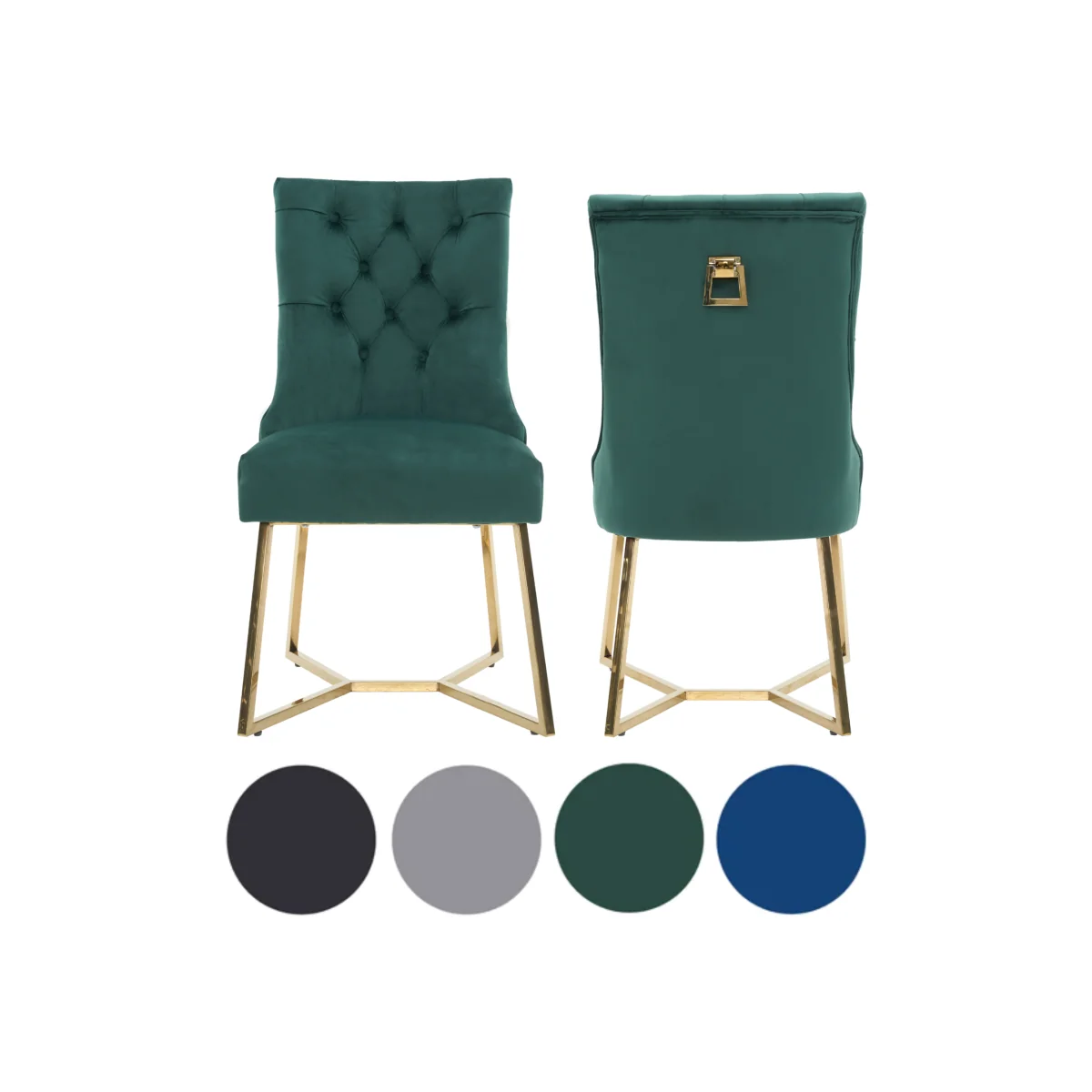 2PCs Ambra Modern Velvet Dining Chairs with Gold Legs, Ring Handle Tufted Accent - Green