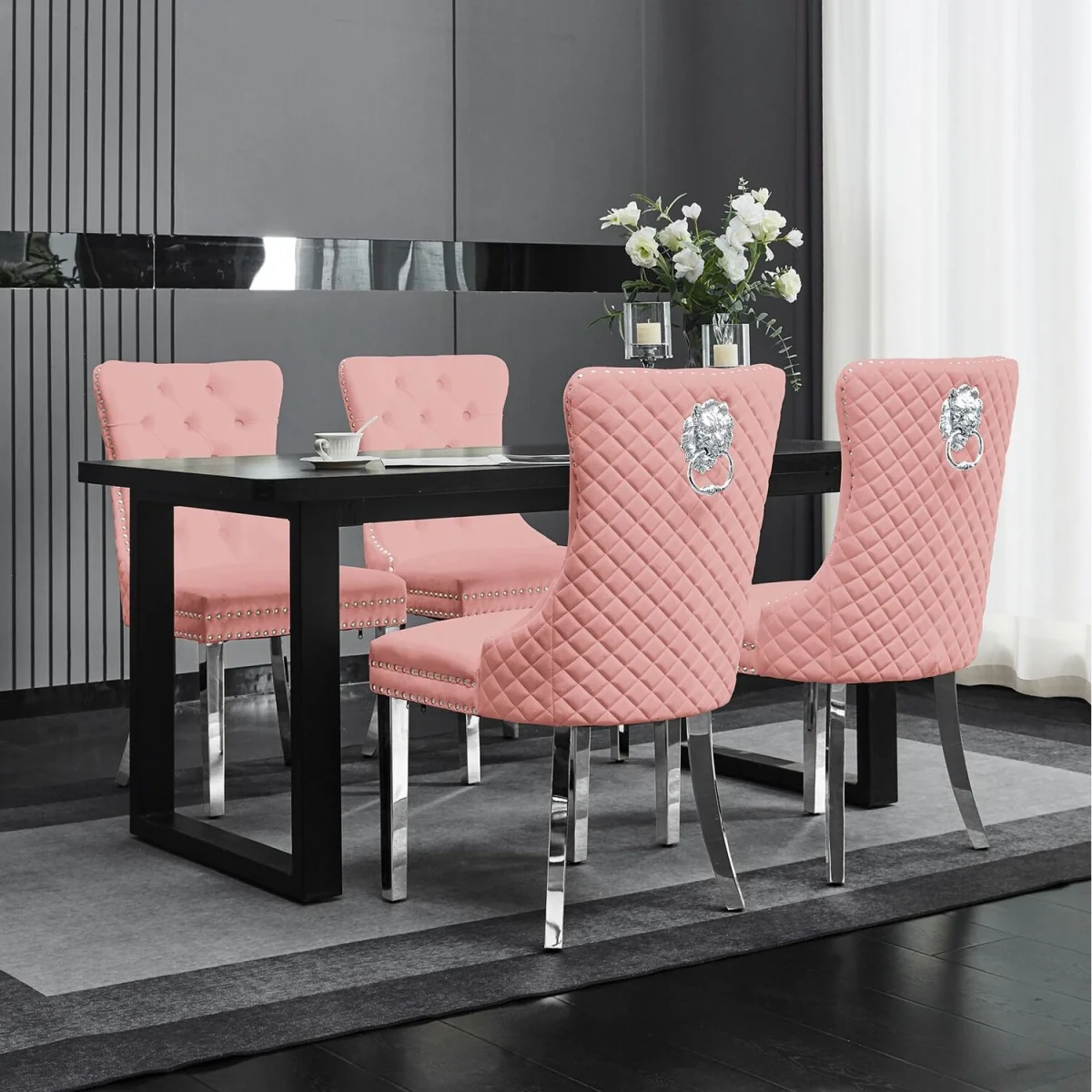 Set of 2 Luxury Velvet Door Knocker Dining Chair - Pink