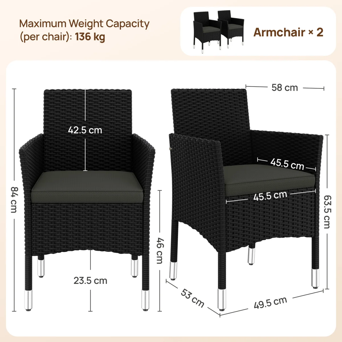 Yaheetech Rattan Patio Dining Chairs (Set of 2) - Black – image 3