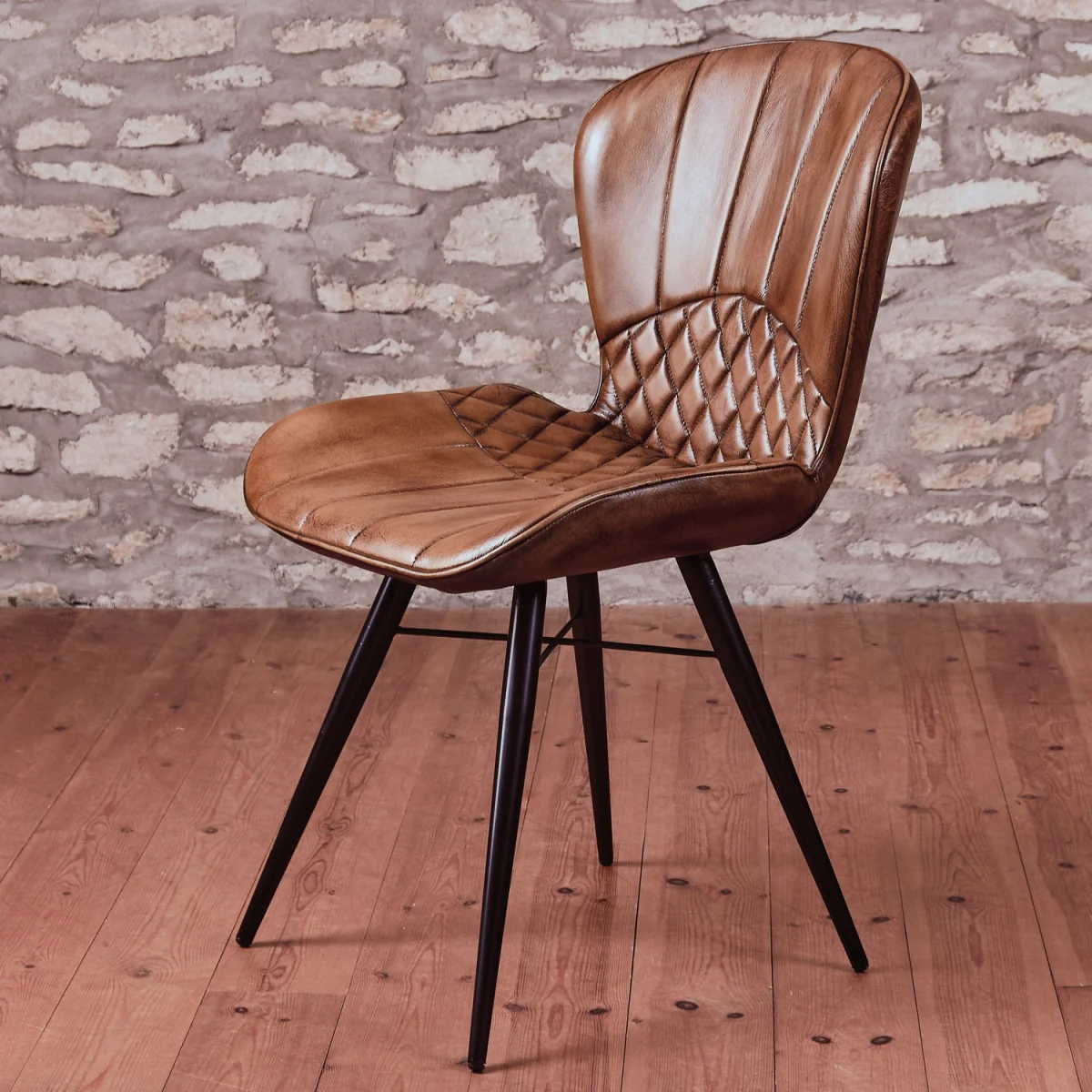 Tan Brown Genuine Real Hide Leather Dining Chair - Black – image 3