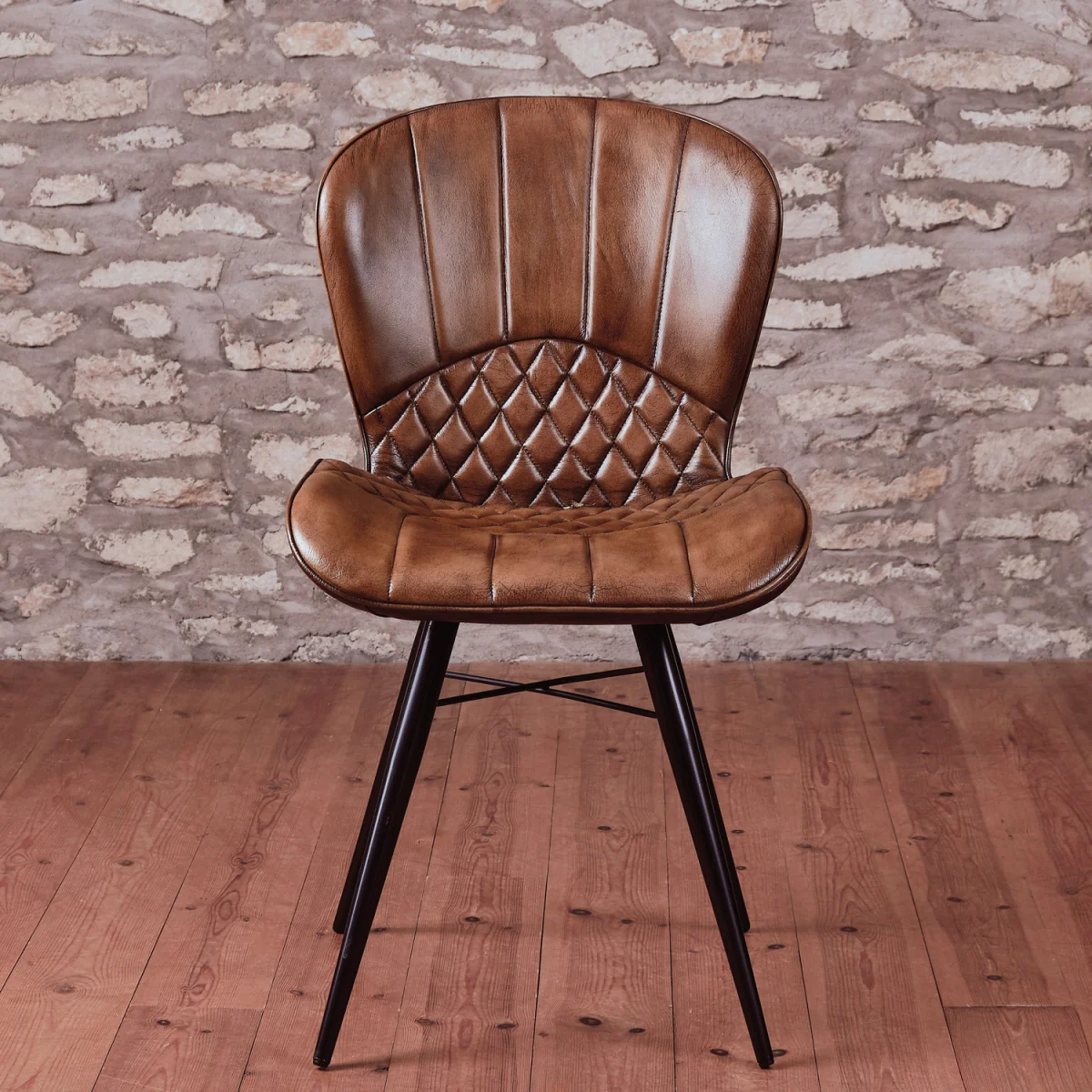 Tan Brown Genuine Real Hide Leather Dining Chair - Black – image 1