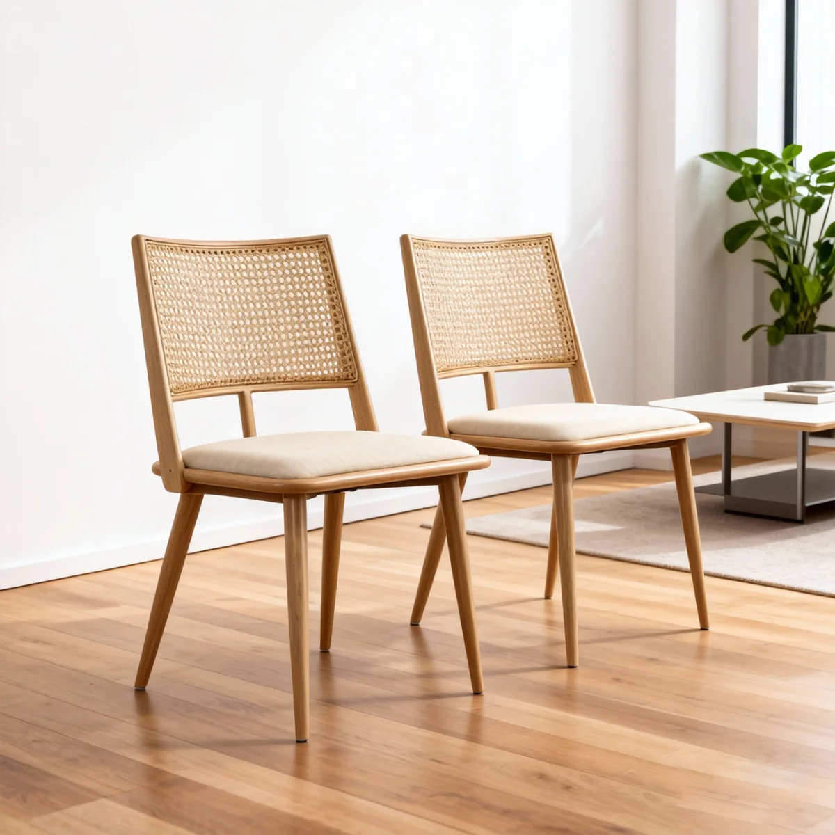 Dining Chairs Set of 2 Mid-Century Kitchen Chair w Rattan Backrest Upholstered - Yellow – image 7