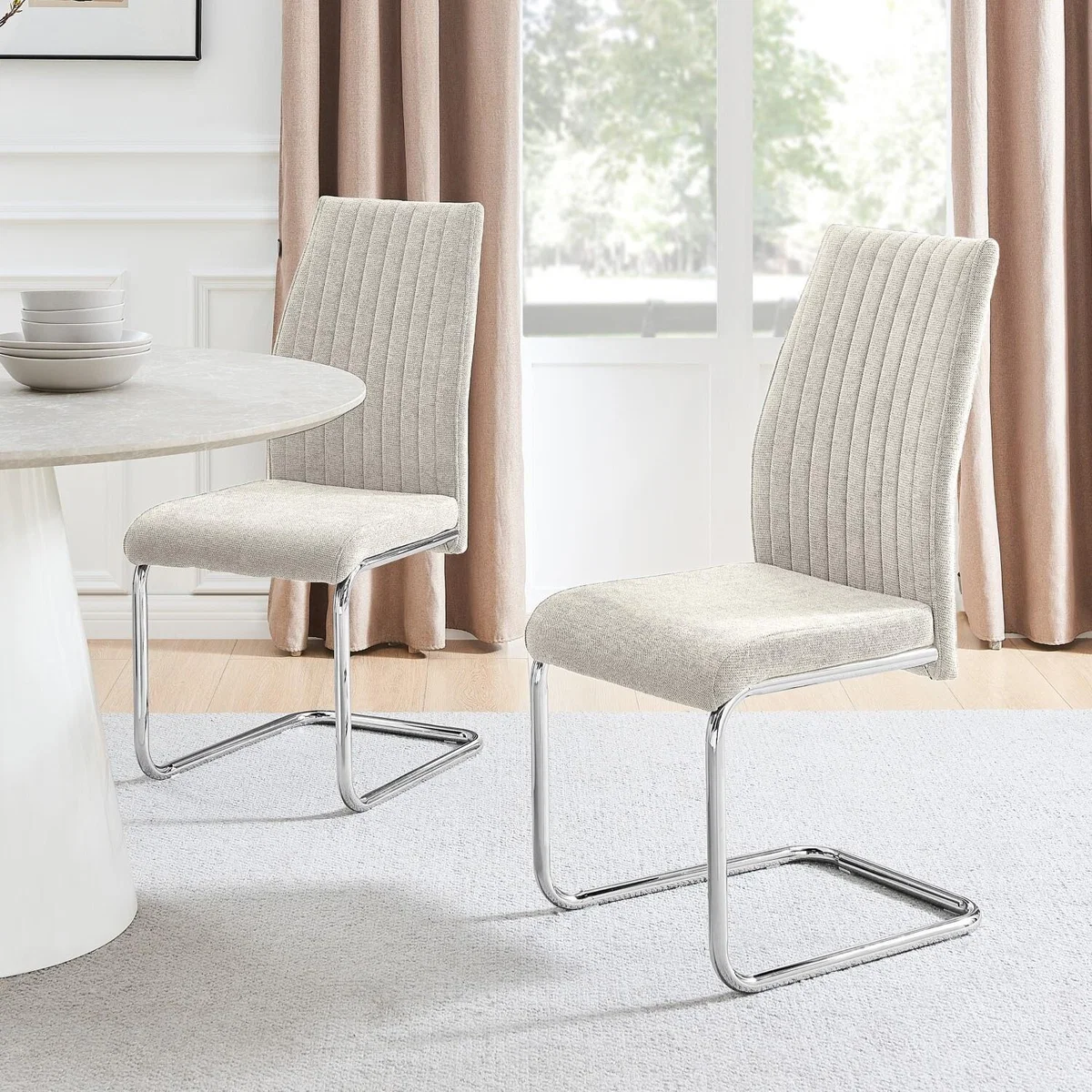 Set of 2 Lorenzo Fabric Dining Chairs With Silver Legs - Cream