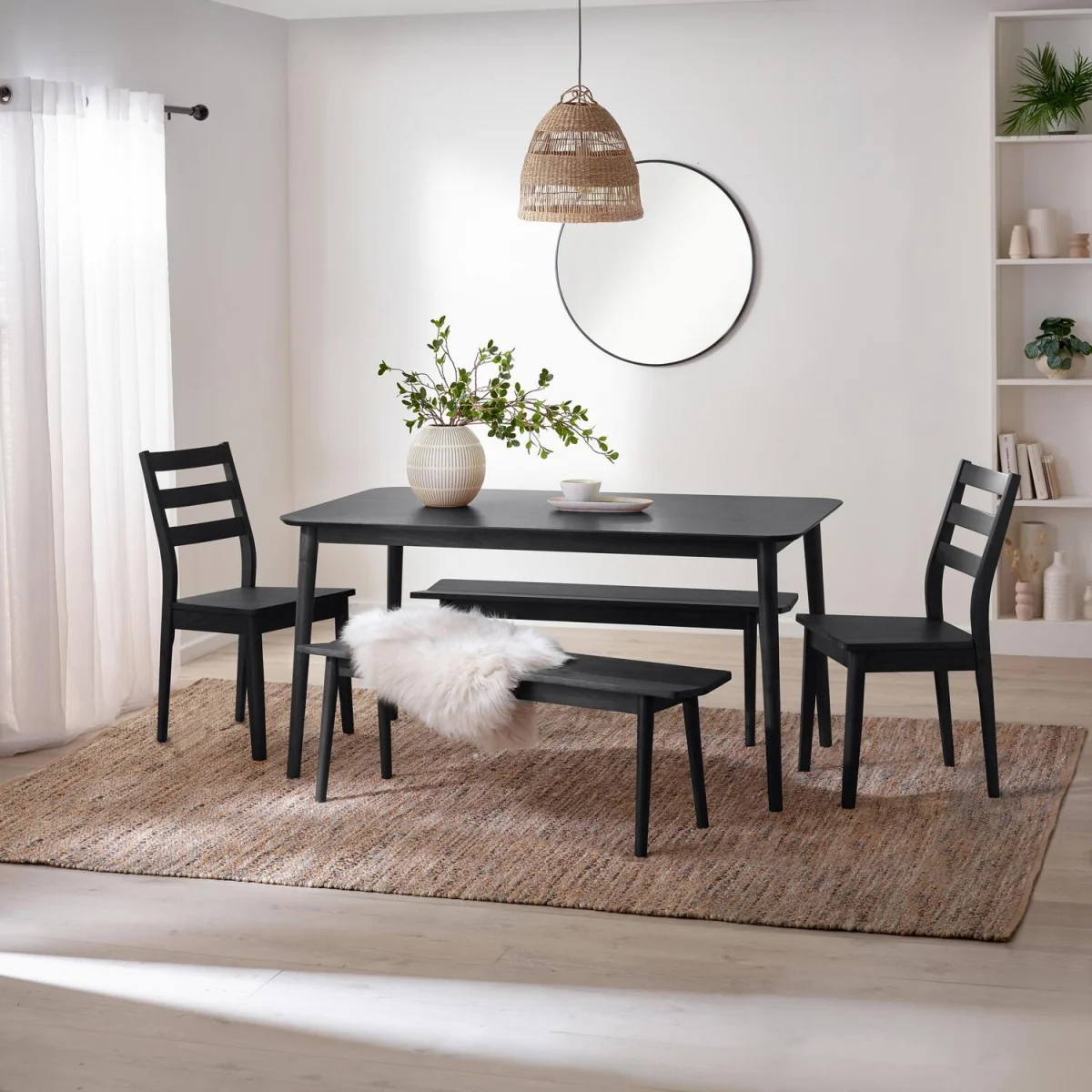 Lynton Large Wooden Dining Table with 2 Benches & 2 Chairs - Black – image 1
