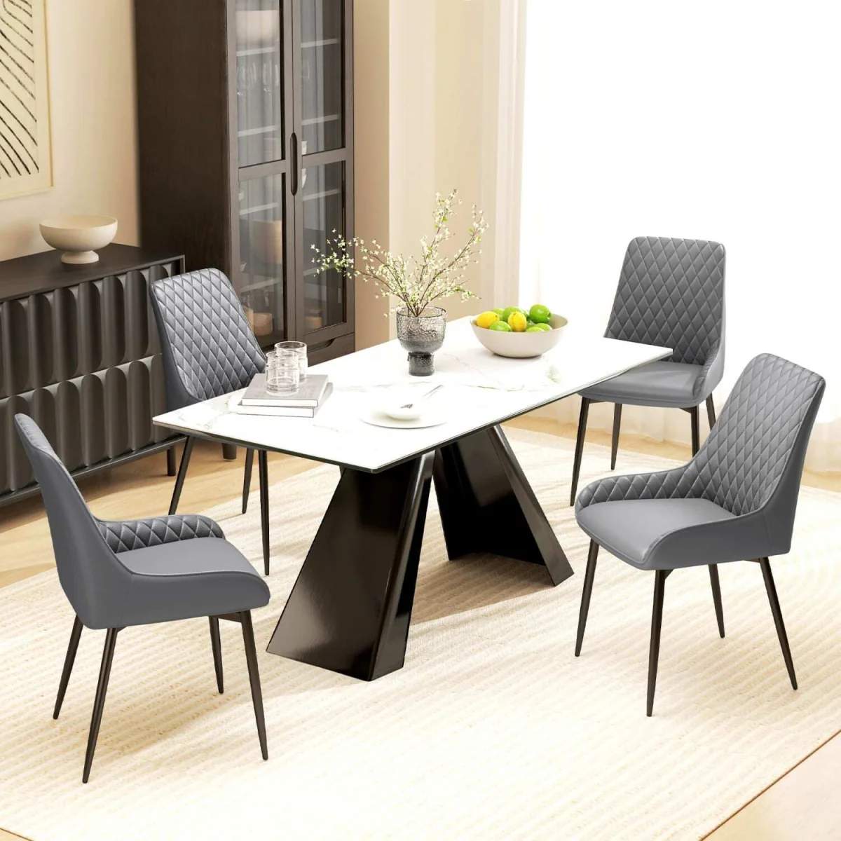 Farazi Faux Leather Grey Quilted Dining Chairs Set of 2 with Steel Frame and Foot Caps – image 4
