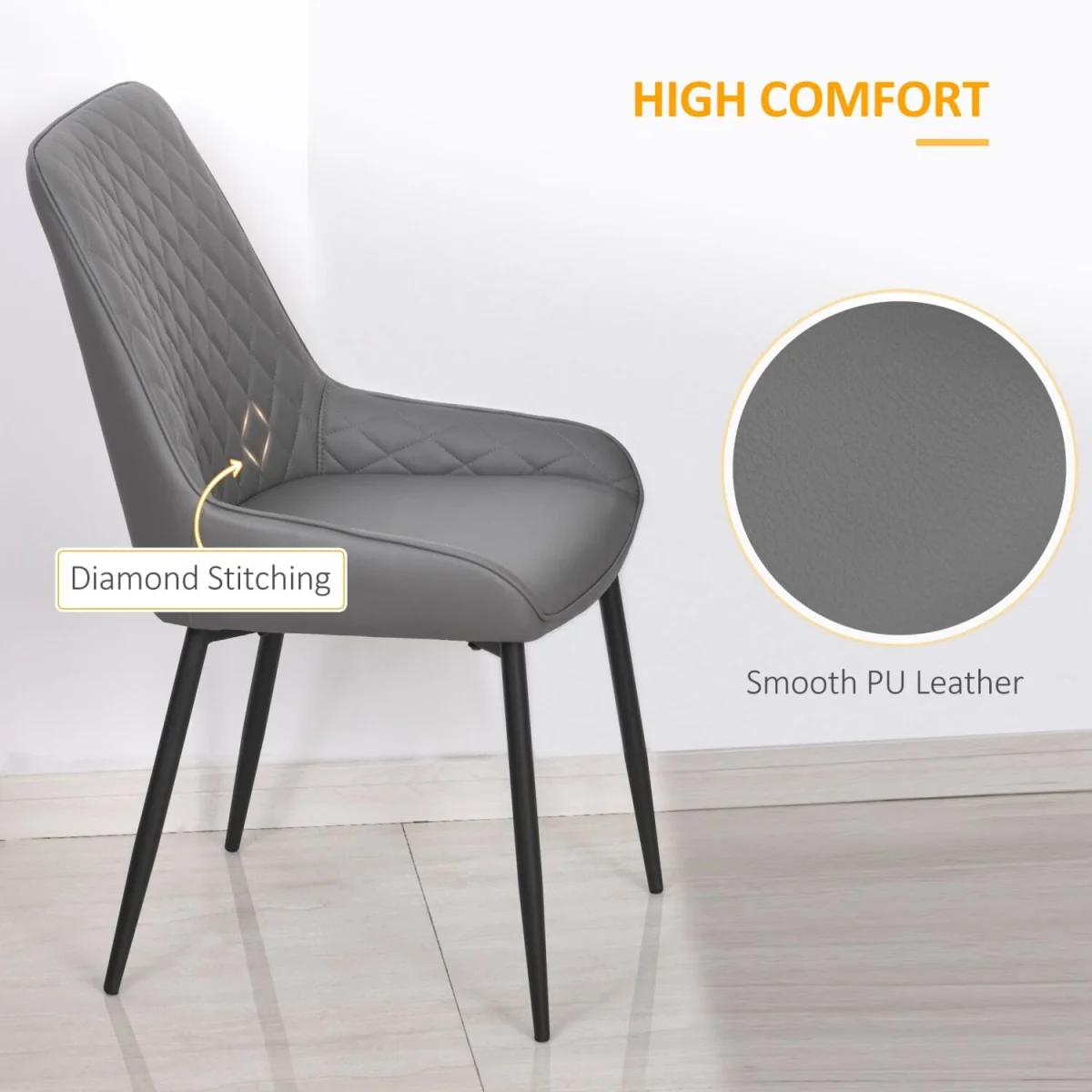 Farazi Faux Leather Grey Quilted Dining Chairs Set of 2 with Steel Frame and Foot Caps – image 6