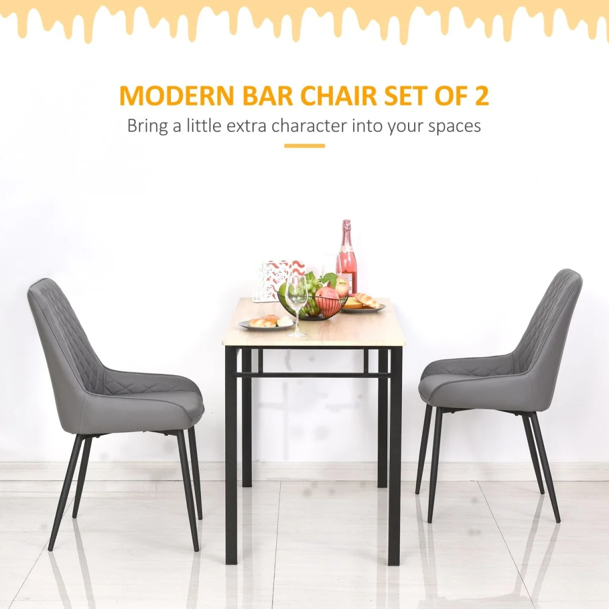 Farazi Faux Leather Grey Quilted Dining Chairs Set of 2 with Steel Frame and Foot Caps – image 7