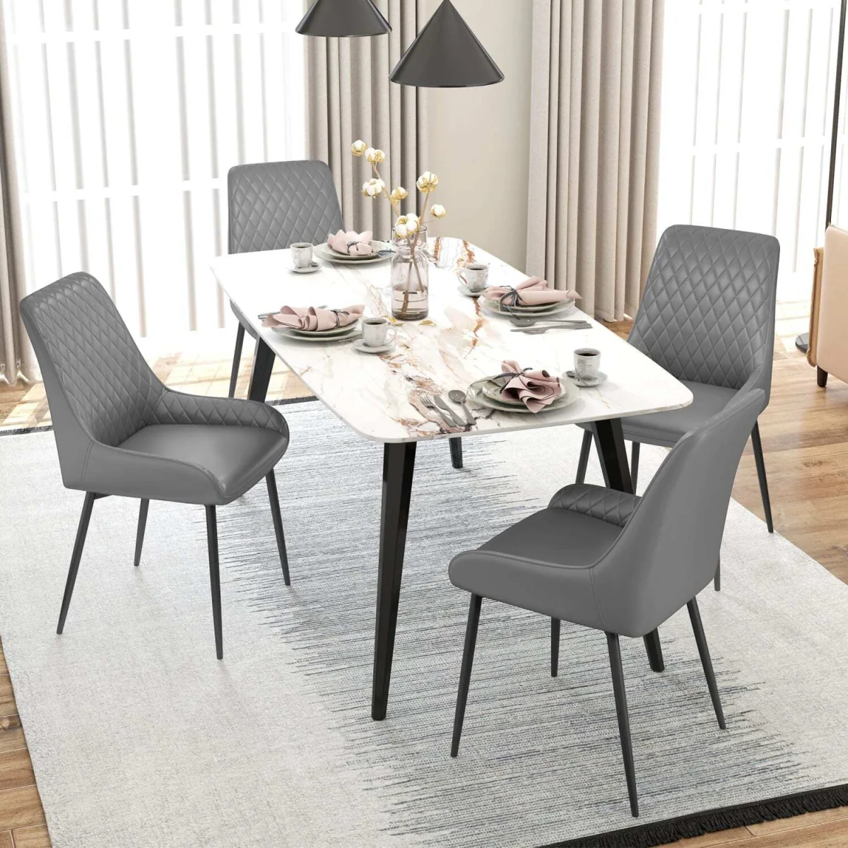 Farazi Faux Leather Grey Quilted Dining Chairs Set of 2 with Steel Frame and Foot Caps – image 9