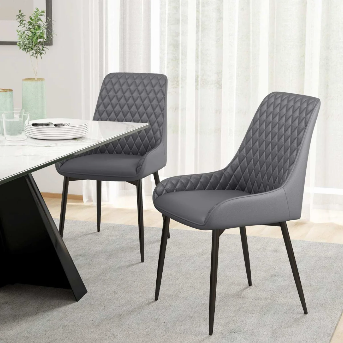 Farazi Faux Leather Grey Quilted Dining Chairs Set of 2 with Steel Frame and Foot Caps – image 10