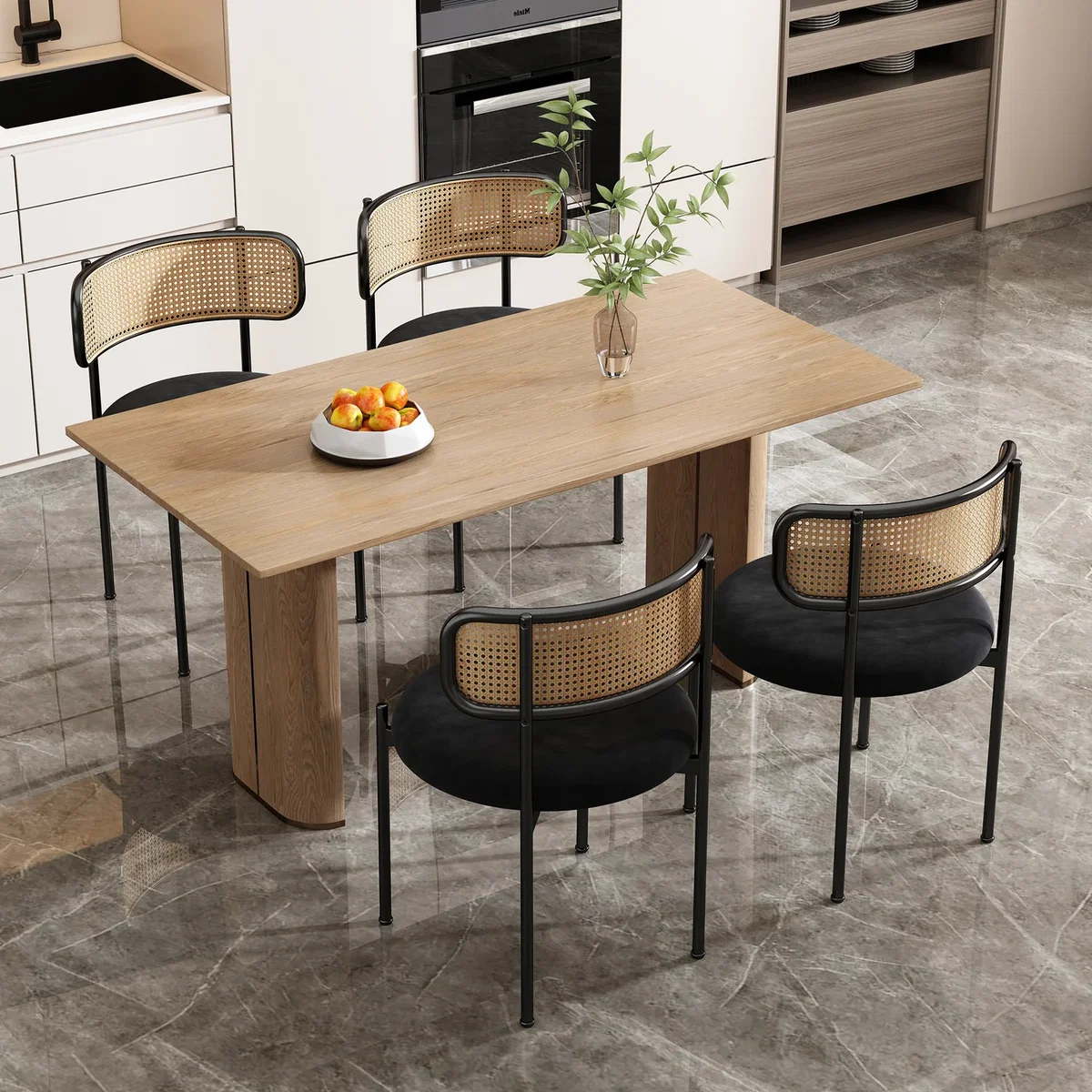 Modern Black Velvet Dining Chair with Rattan Detail and Metal Legs, Set of 4 - Black – image 2