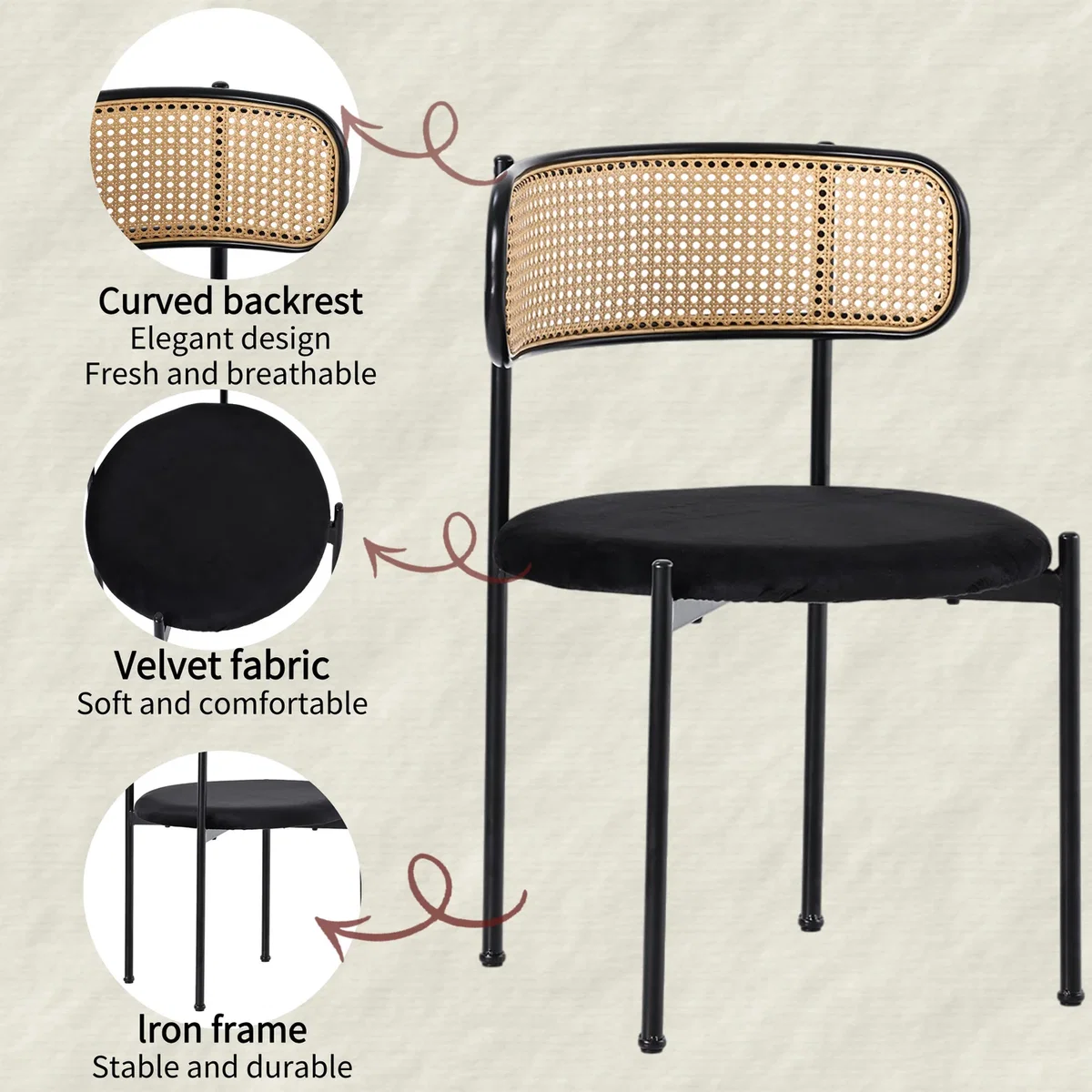 Modern Black Velvet Dining Chair with Rattan Detail and Metal Legs, Set of 4 - Black – image 3