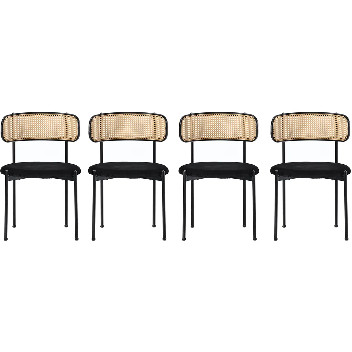 Modern Black Velvet Dining Chair with Rattan Detail and Metal Legs, Set of 4 - Black – image 4