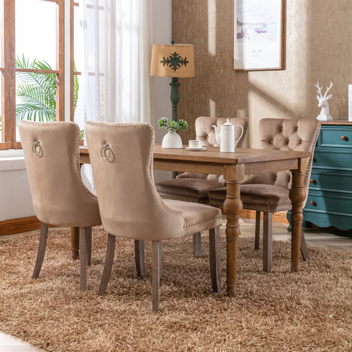 Romsey Set of 2 Velvet Upholstered Dining Chairs with Oak Legs and Knocker Ring Back - Brown – image 2