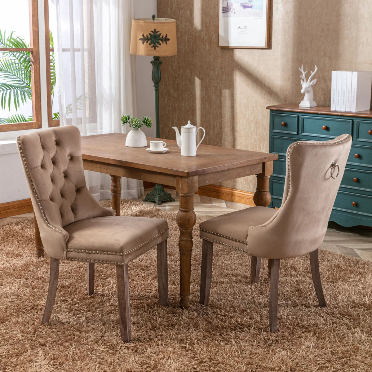 Romsey Set of 2 Velvet Upholstered Dining Chairs with Oak Legs and Knocker Ring Back - Brown – image 3