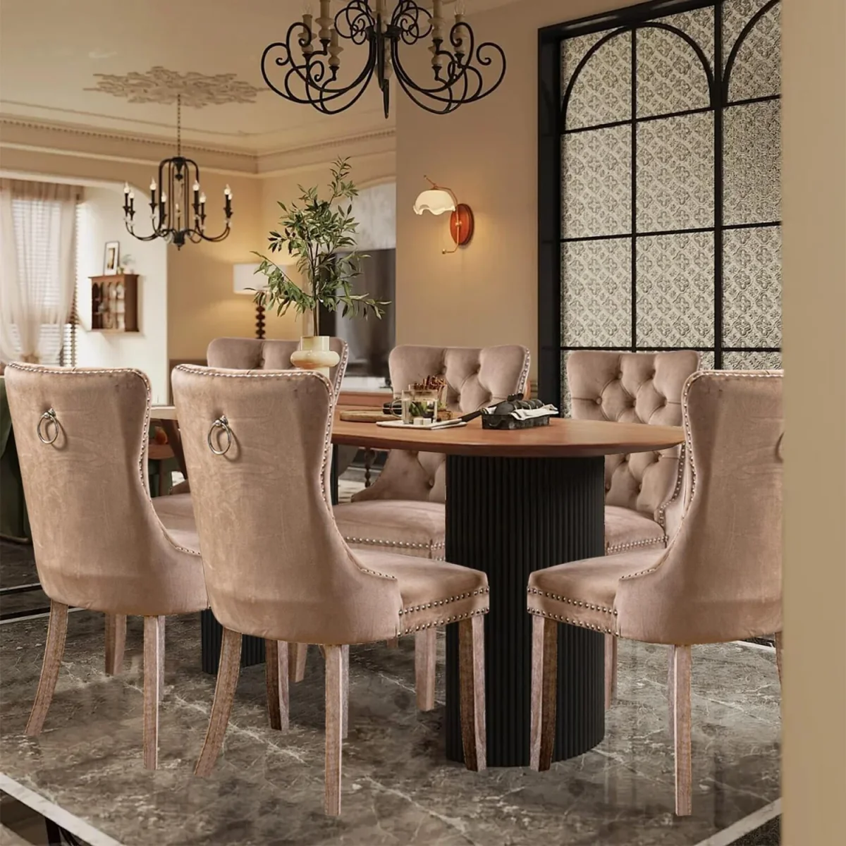 Romsey Set of 2 Velvet Upholstered Dining Chairs with Oak Legs and Knocker Ring Back - Brown – image 4