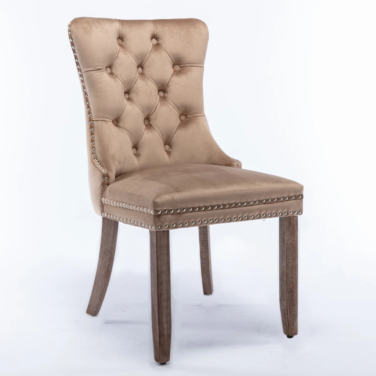 Romsey Set of 2 Velvet Upholstered Dining Chairs with Oak Legs and Knocker Ring Back - Brown – image 5