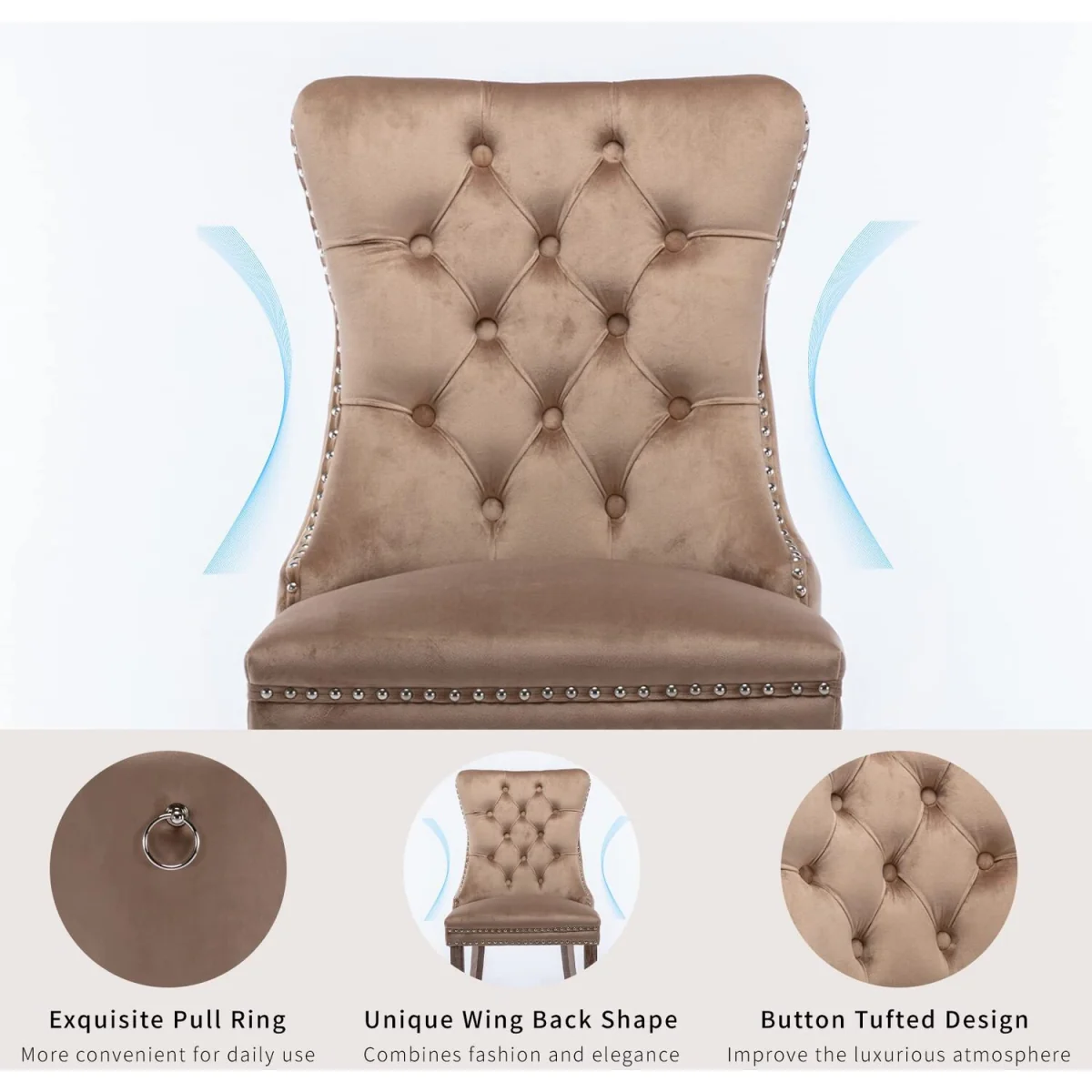 Romsey Set of 2 Velvet Upholstered Dining Chairs with Oak Legs and Knocker Ring Back - Brown – image 6