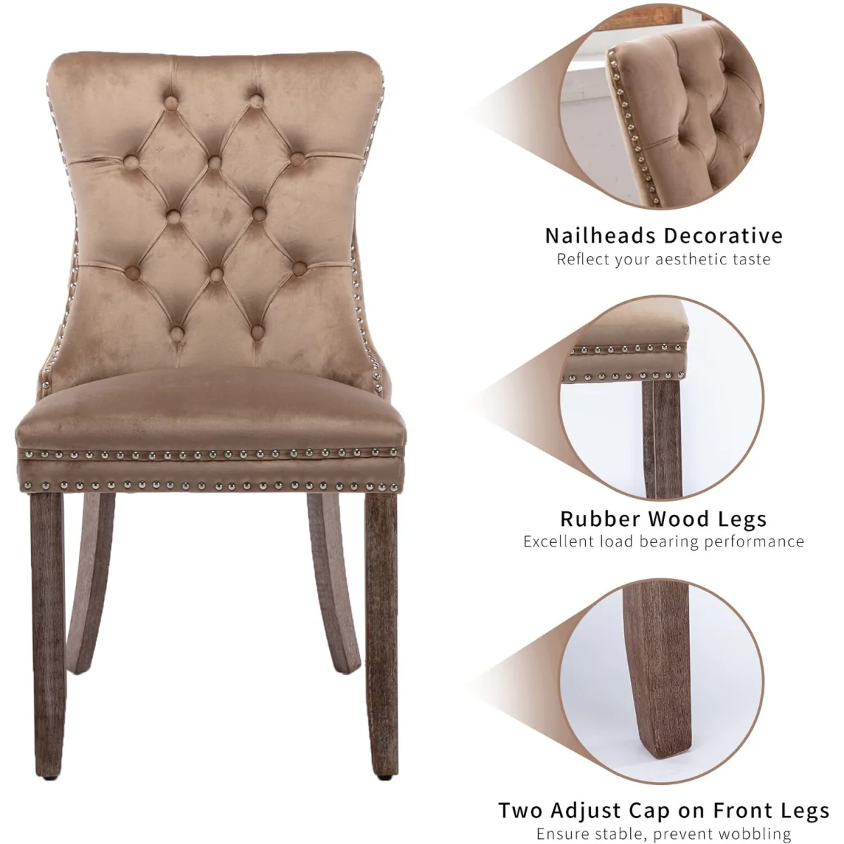 Romsey Set of 2 Velvet Upholstered Dining Chairs with Oak Legs and Knocker Ring Back - Brown – image 7