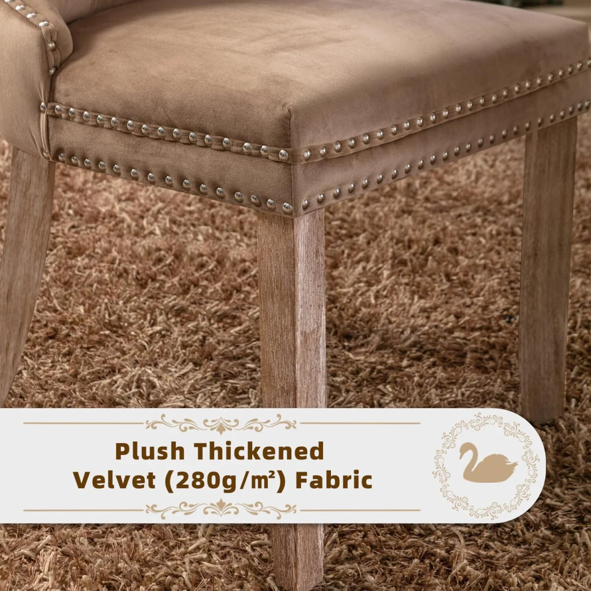 Romsey Set of 2 Velvet Upholstered Dining Chairs with Oak Legs and Knocker Ring Back - Brown – image 8
