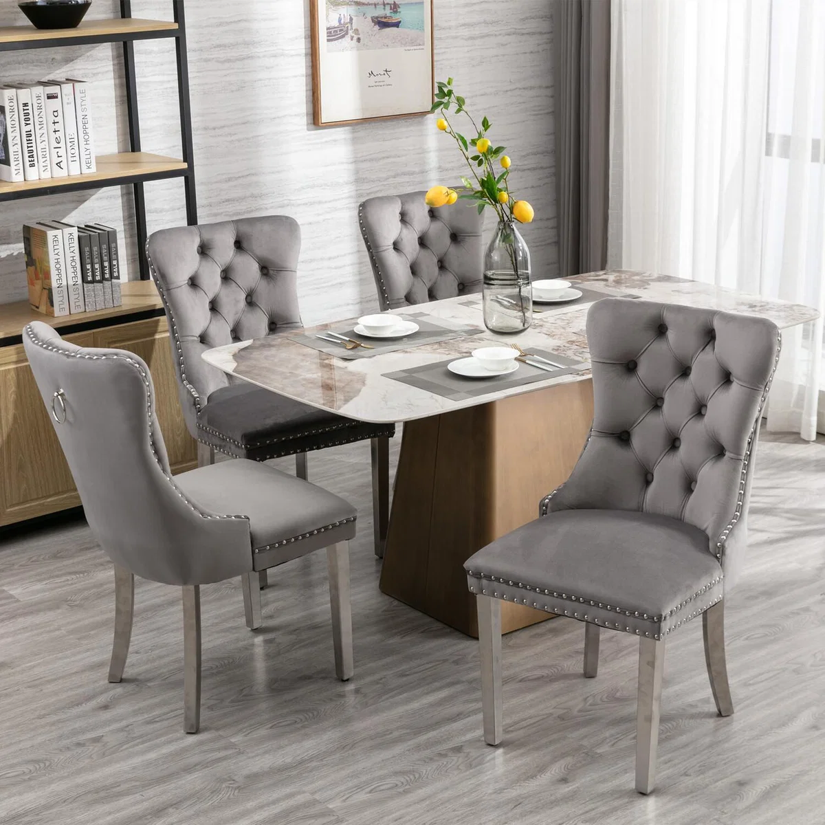 Selma Velvet Tufted Dining Chairs with Knocker Back - Grey Silver / 4