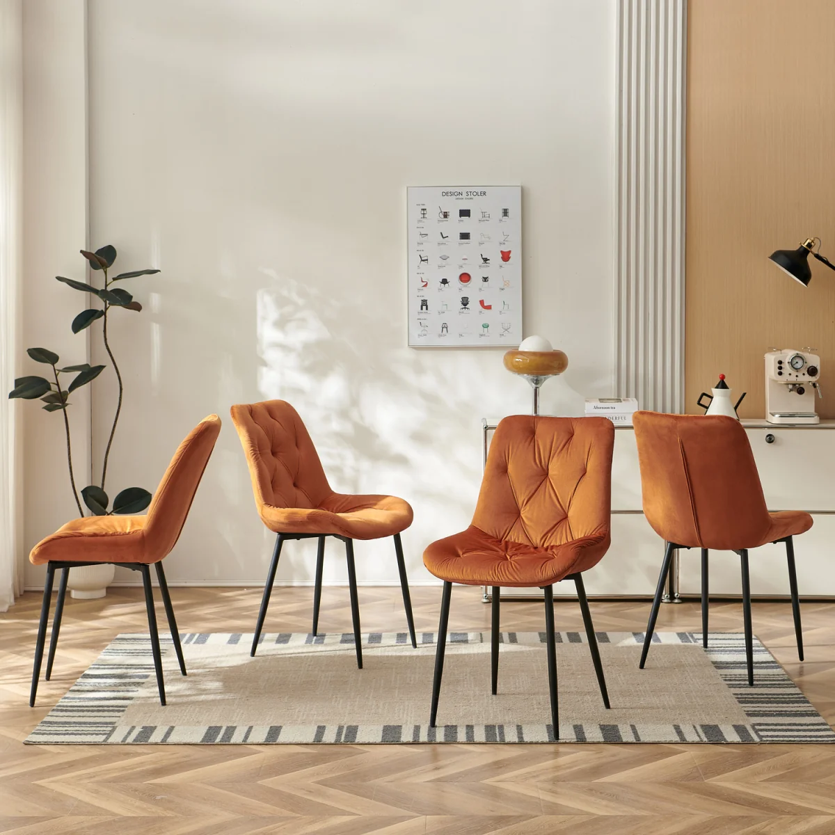 Set of 4 Velvet Dining Chairs with Ergonomic Upholstered Seat --Green - Orange / 120kg – image 2