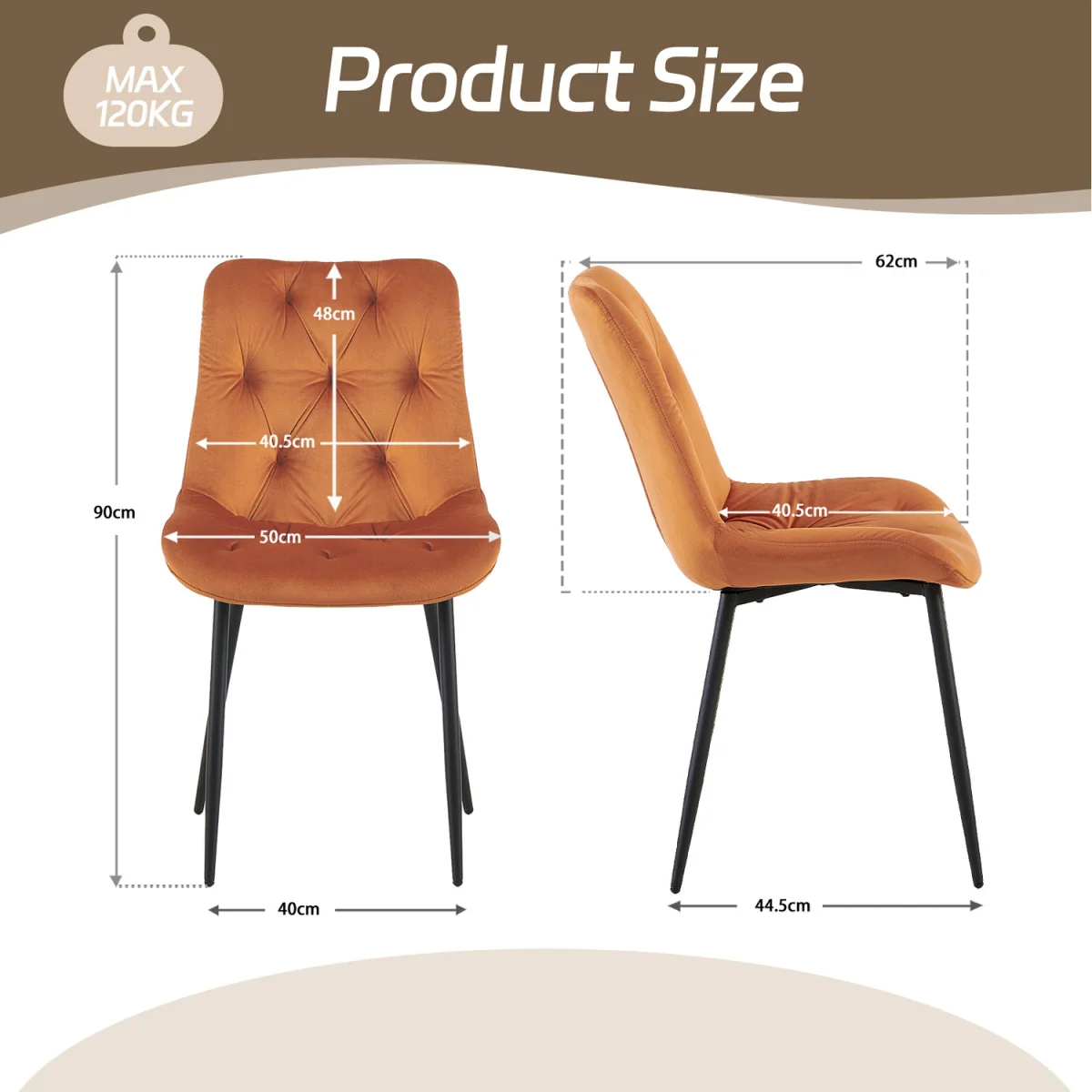 Set of 4 Velvet Dining Chairs with Ergonomic Upholstered Seat --Green - Orange / 120kg – image 3
