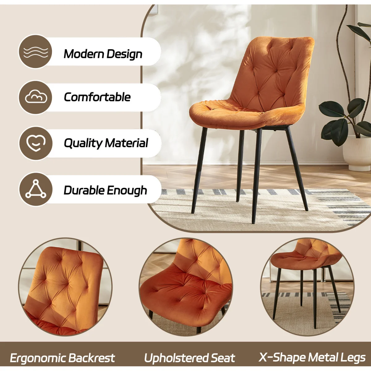 Set of 4 Velvet Dining Chairs with Ergonomic Upholstered Seat --Green - Orange / 120kg – image 4
