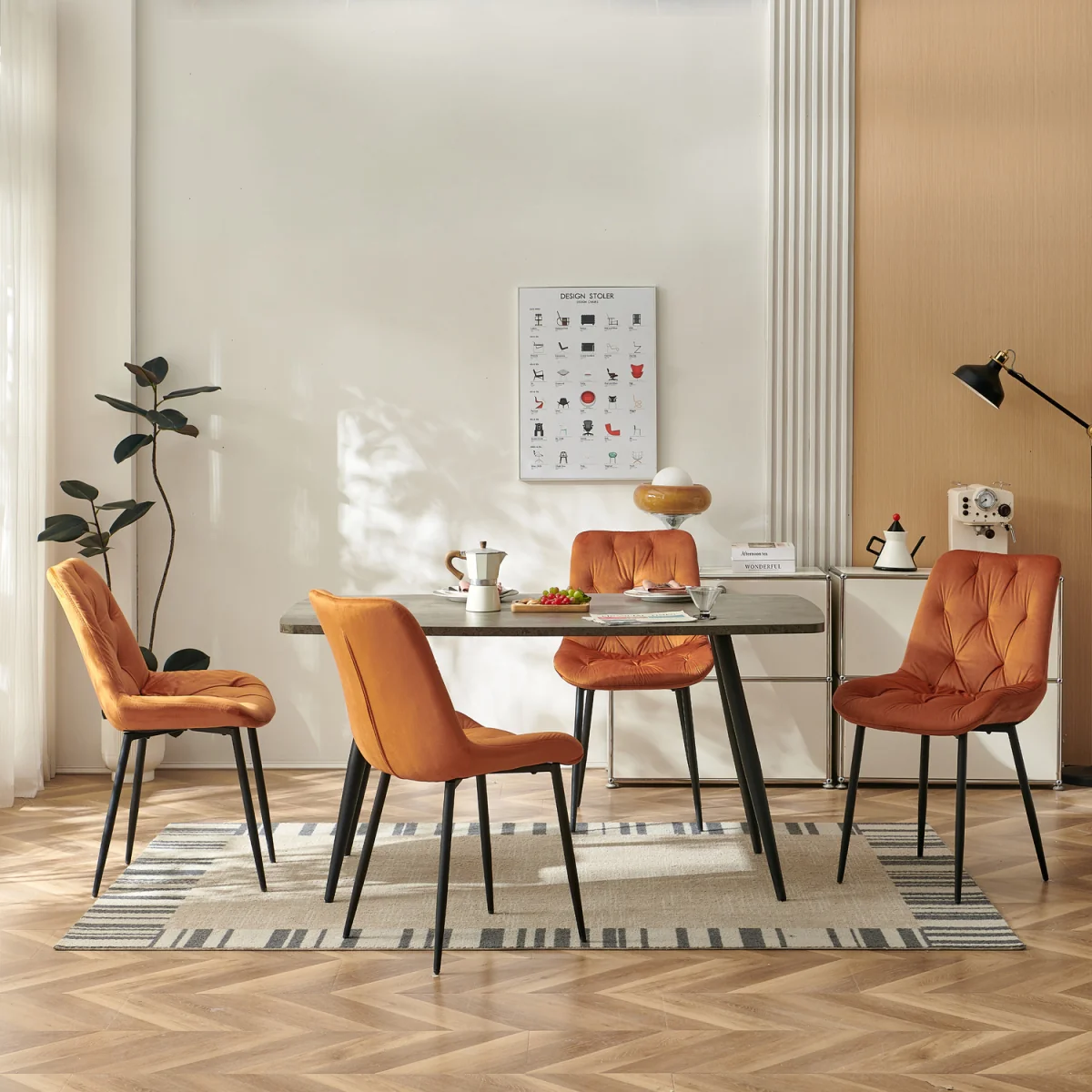 Set of 4 Velvet Dining Chairs with Ergonomic Upholstered Seat --Green - Orange / 120kg – image 6