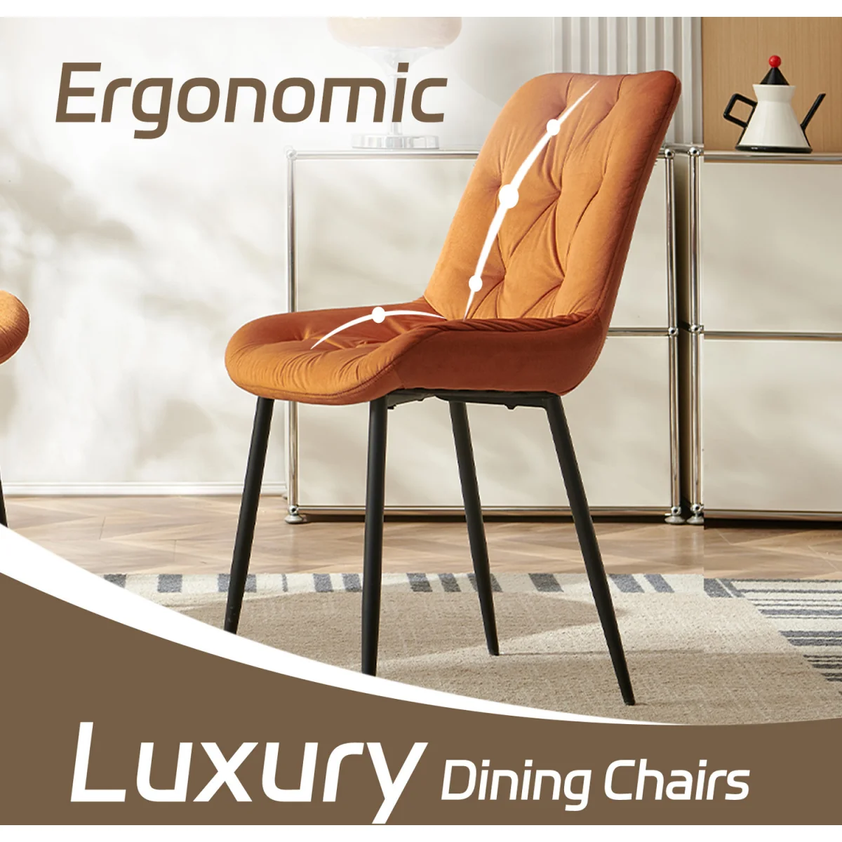 Set of 4 Velvet Dining Chairs with Ergonomic Upholstered Seat --Green - Orange / 120kg – image 8