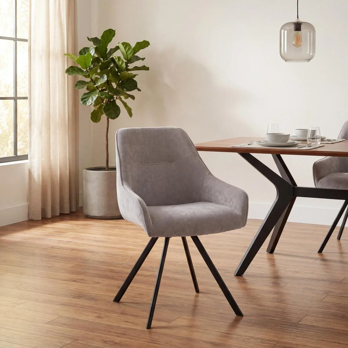 Brixton Pair of Dark Oatmeal Fabric Swivel Dining Chairs with Black Metal Legs - Oatmeal