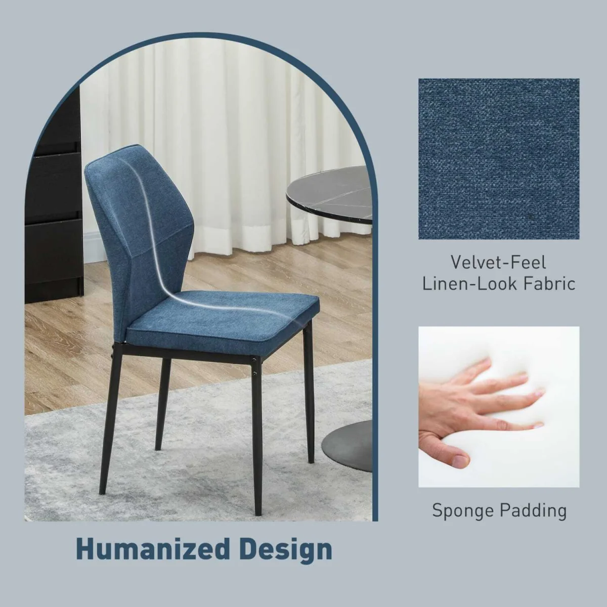 Vemiri Velvet Blue Armless Dining Chairs Set of 2 with Curved Back and Metal Legs – image 7