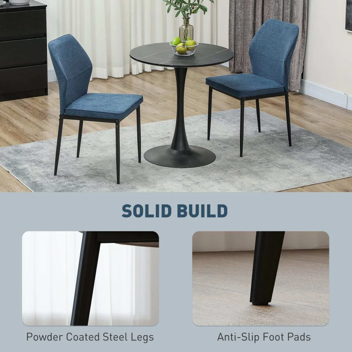 Vemiri Velvet Blue Armless Dining Chairs Set of 2 with Curved Back and Metal Legs – image 8