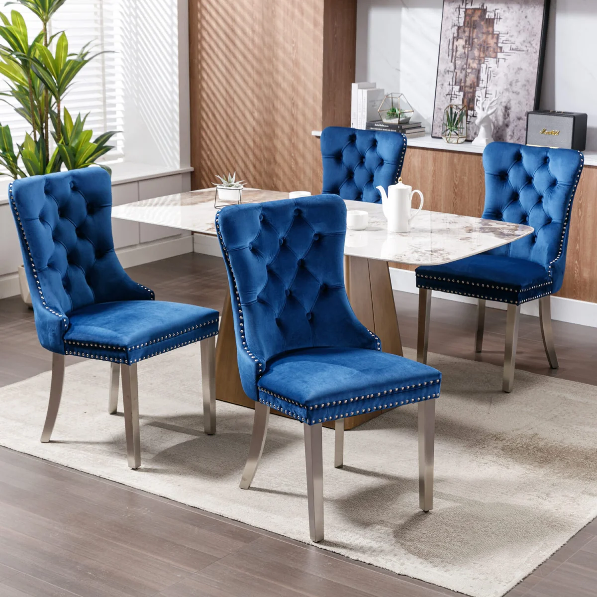 Winchester Set of 2 Velvet Upholstered Kitchen Dining Chairs with Sliver Chrome Legs - Blue – image 2