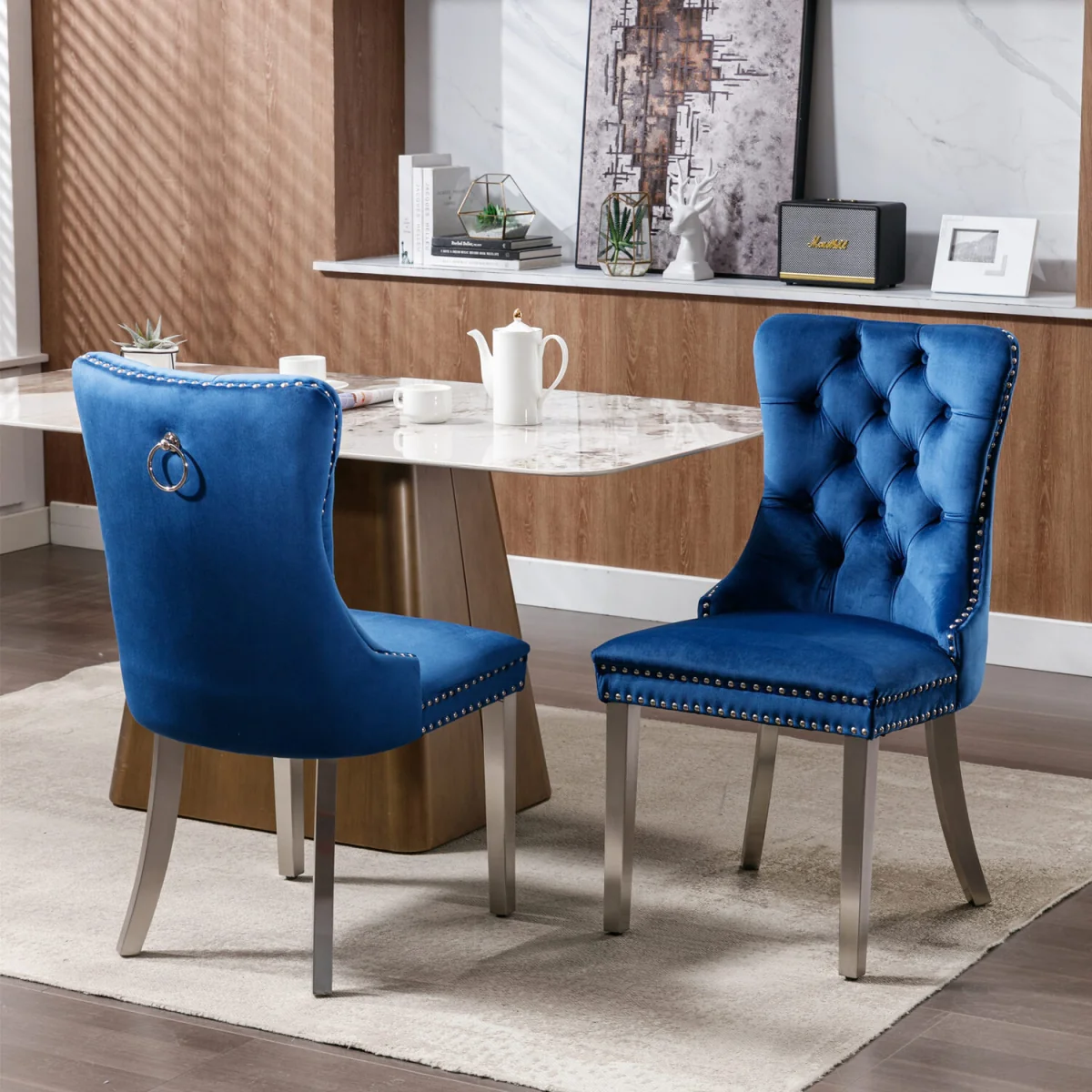 Winchester Set of 2 Velvet Upholstered Kitchen Dining Chairs with Sliver Chrome Legs - Blue – image 5