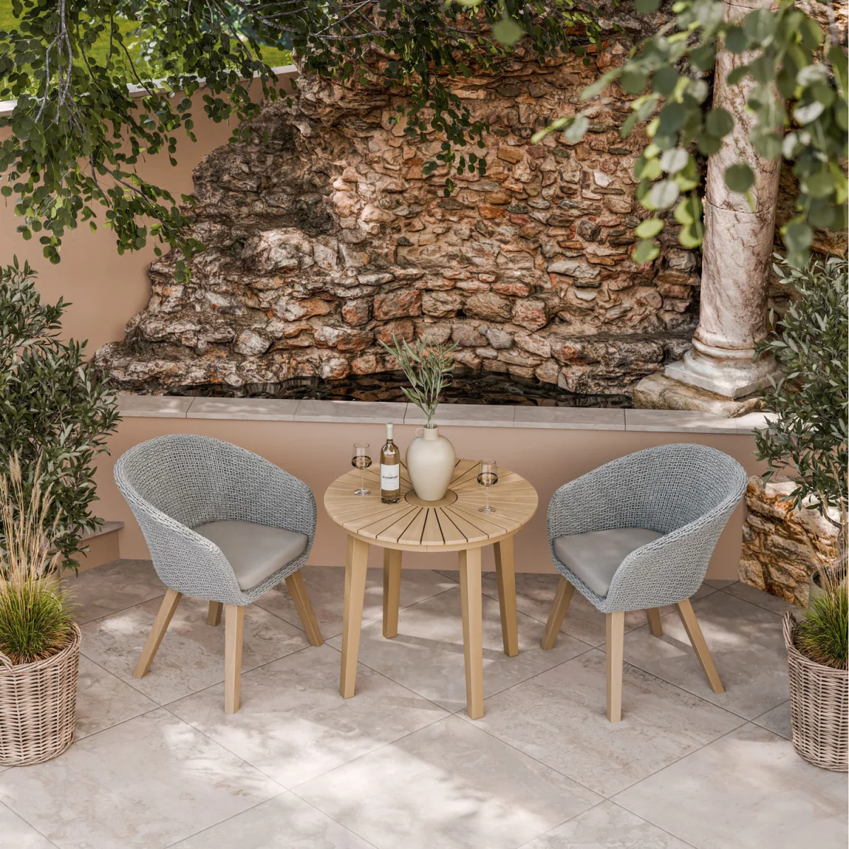 Roma 3 Piece Round Sunray Bistro Set - Natural Wood / 2 stylish Sol Rattan Dining Chairs