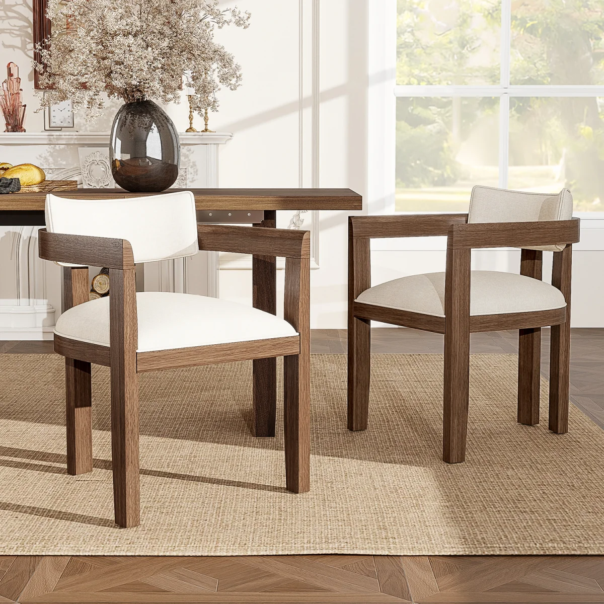 Linen Dining Chairs with Solid Wood Legs, Walnut Wood Colour, Set of 4 - Walnut – image 3