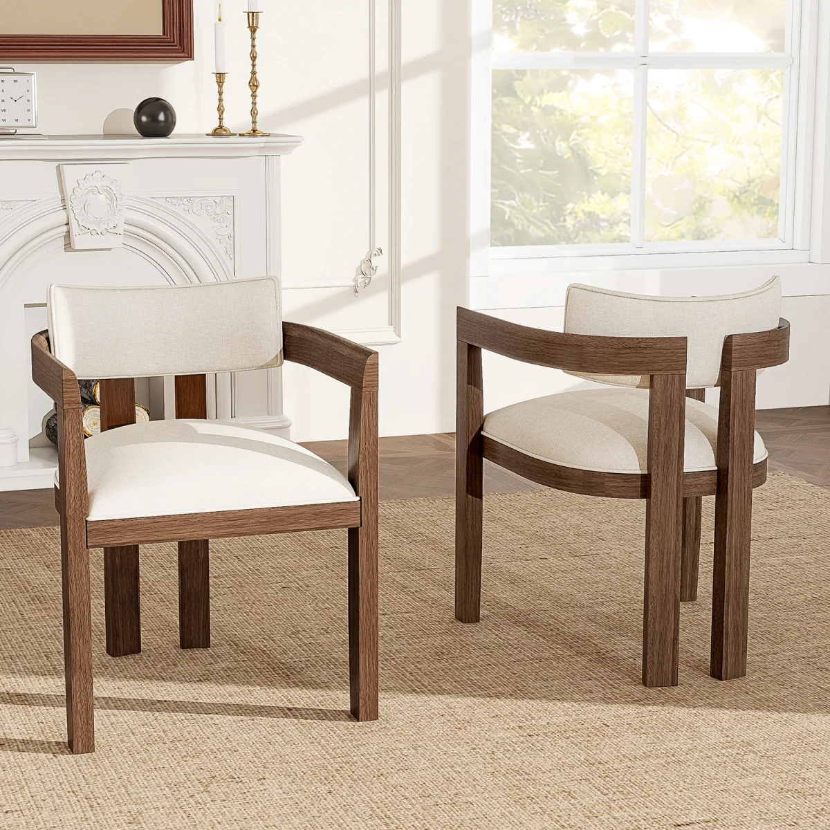 Linen Dining Chairs with Solid Wood Legs, Walnut Wood Colour, Set of 4 - Walnut – image 4