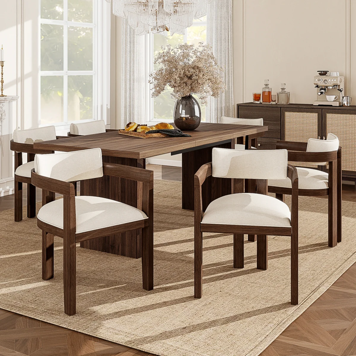 Linen Dining Chairs with Solid Wood Legs, Walnut Wood Colour, Set of 4 - Walnut – image 5