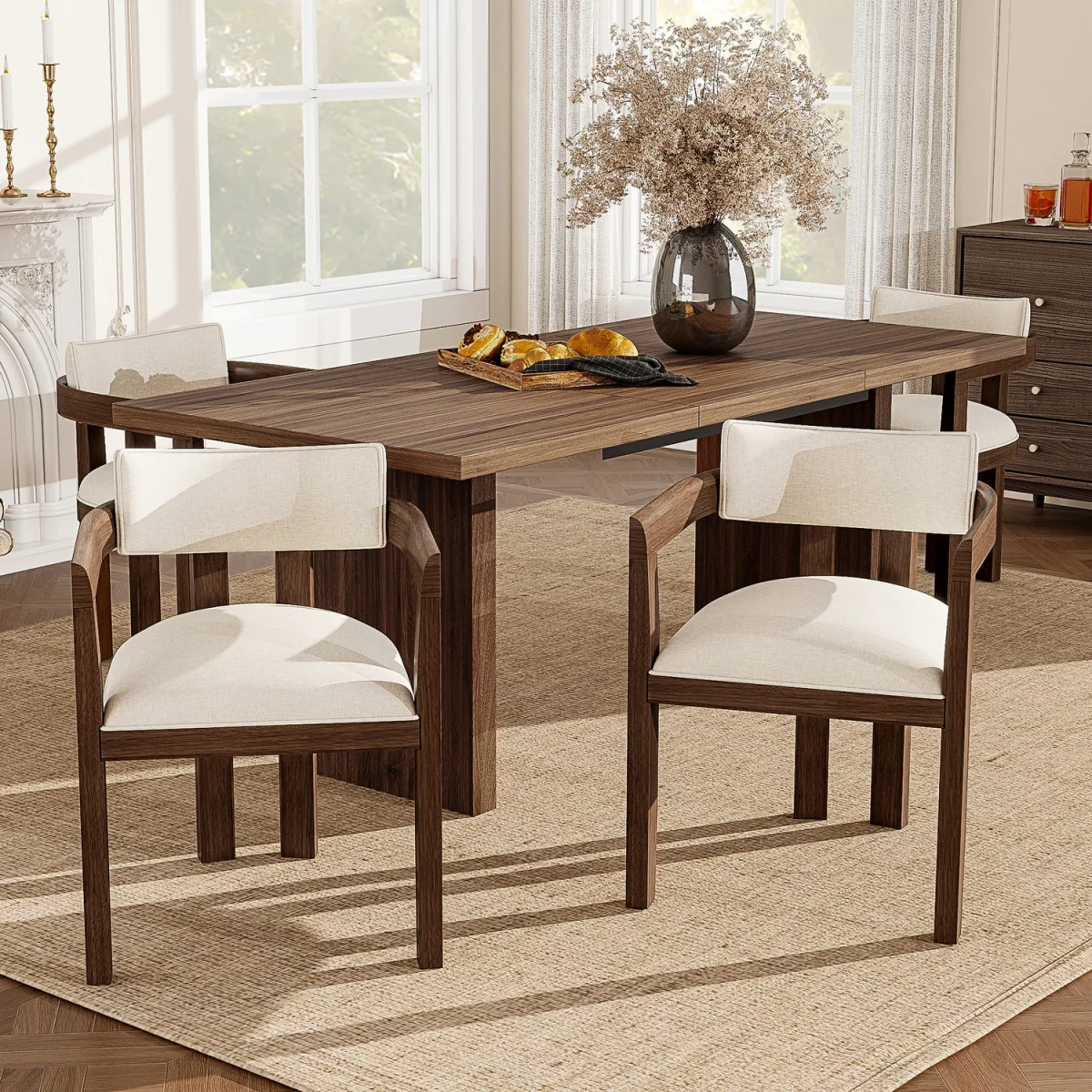 Linen Dining Chairs with Solid Wood Legs, Walnut Wood Colour, Set of 4 - Walnut – image 1
