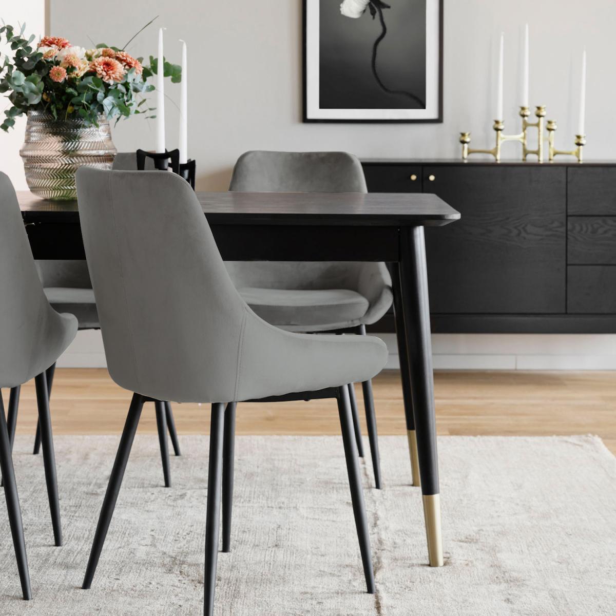 Padded Grey Velvet Dining Chair Set Of 2 With Black Metal Legs - Grey – image 4