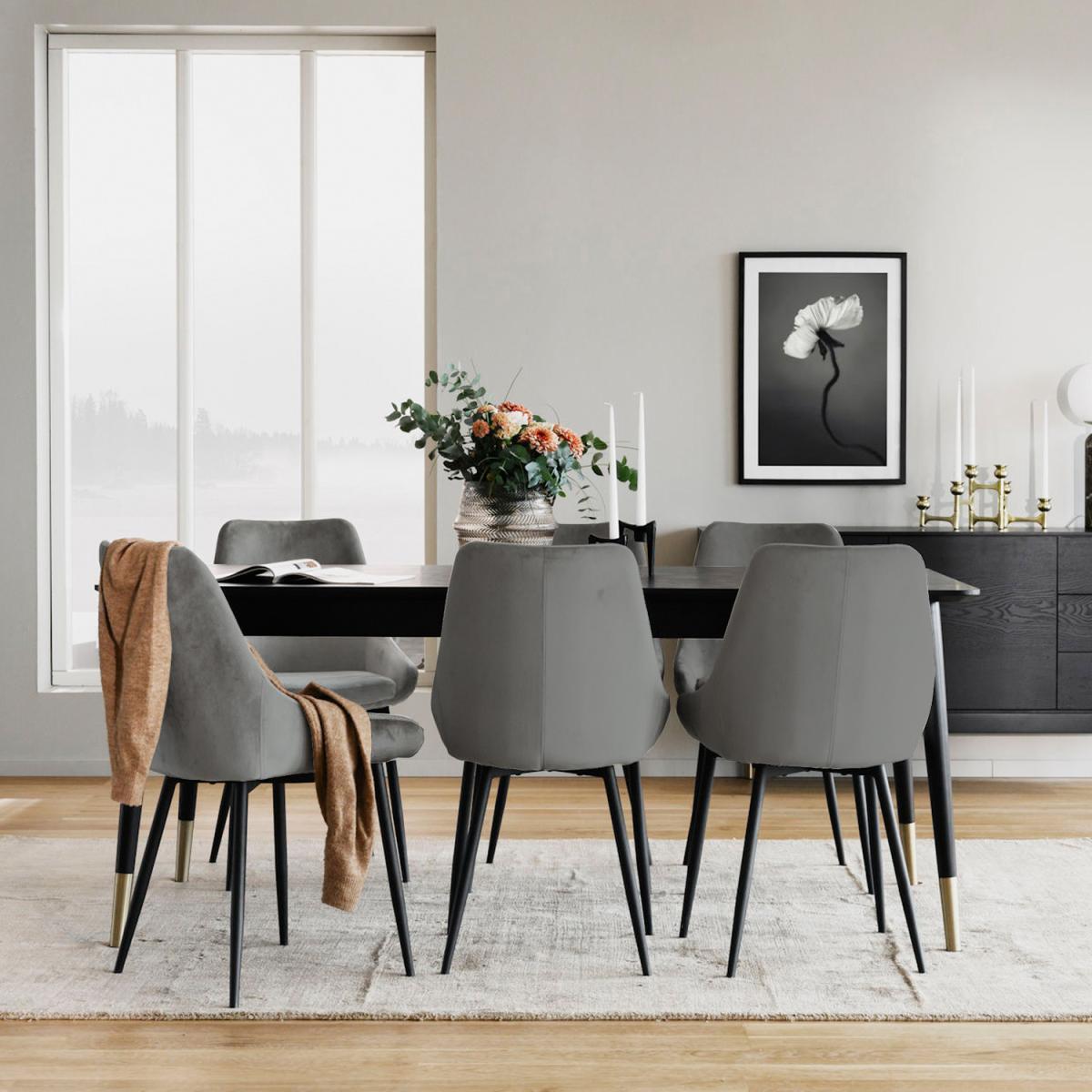Padded Grey Velvet Dining Chair Set Of 2 With Black Metal Legs - Grey – image 5